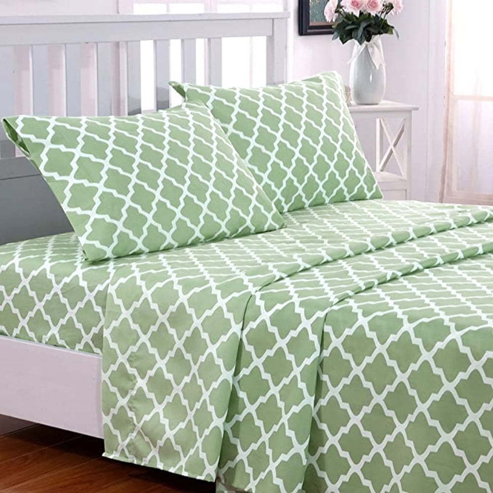 Cooling Sateen Quatrefoil Bed Sheet Set (King, Sage/White) 4 Piece Deep Pocket 1800 Series Microfiber Bed Sheet Set Contains 1 Fitte... - Premium Ultra-Soft Pillowcase Pair for Sleeping - Default Title