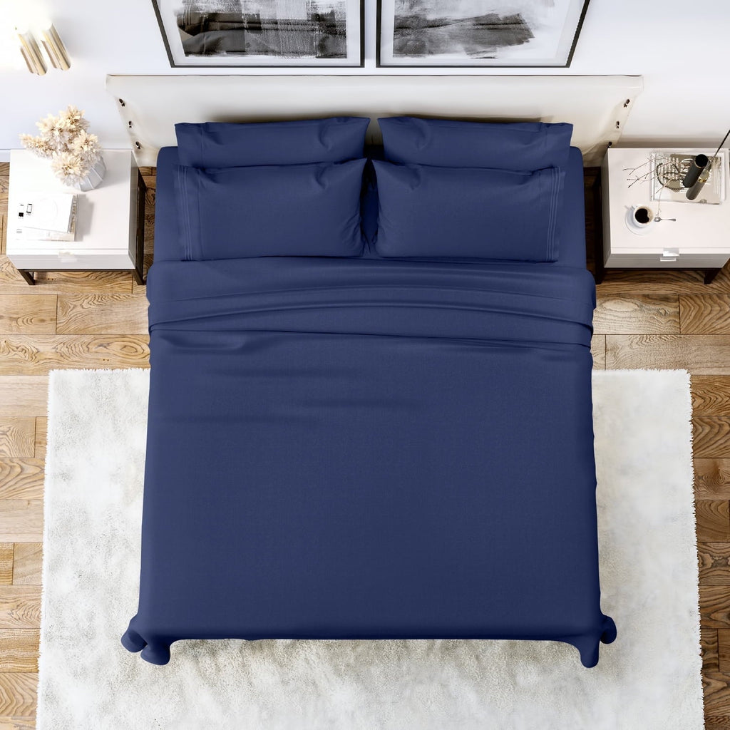 Wrinkle-Resistant Queen Bed Sheets Set, 6 Pc Microfiber Bed Sheets, Extra Deep Pocket Queen Fitted Sheet, Flat Sheet & Pillowcases, Nav... - Premium Ultra-Soft Pillowcase Pair for Sleeping - Default Title