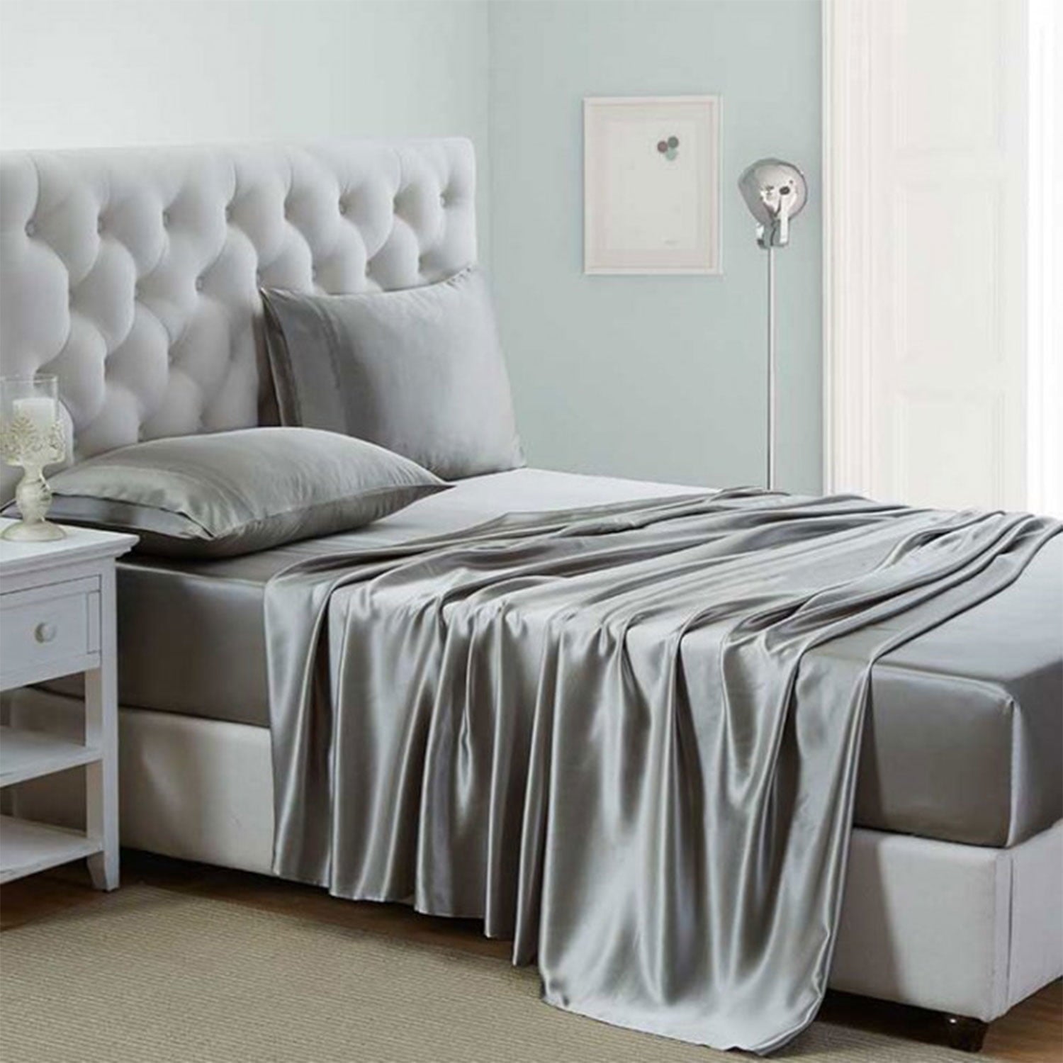 Wrinkle-Resistant Luxury Satin Sheets Set Full Size Light Gray, 4-Piece Bedding Sets with Deep Pockets - Soft and Smooth Satin Bed Shee... - Luxury Bed Sheet Set with Deep Pockets - Default Title