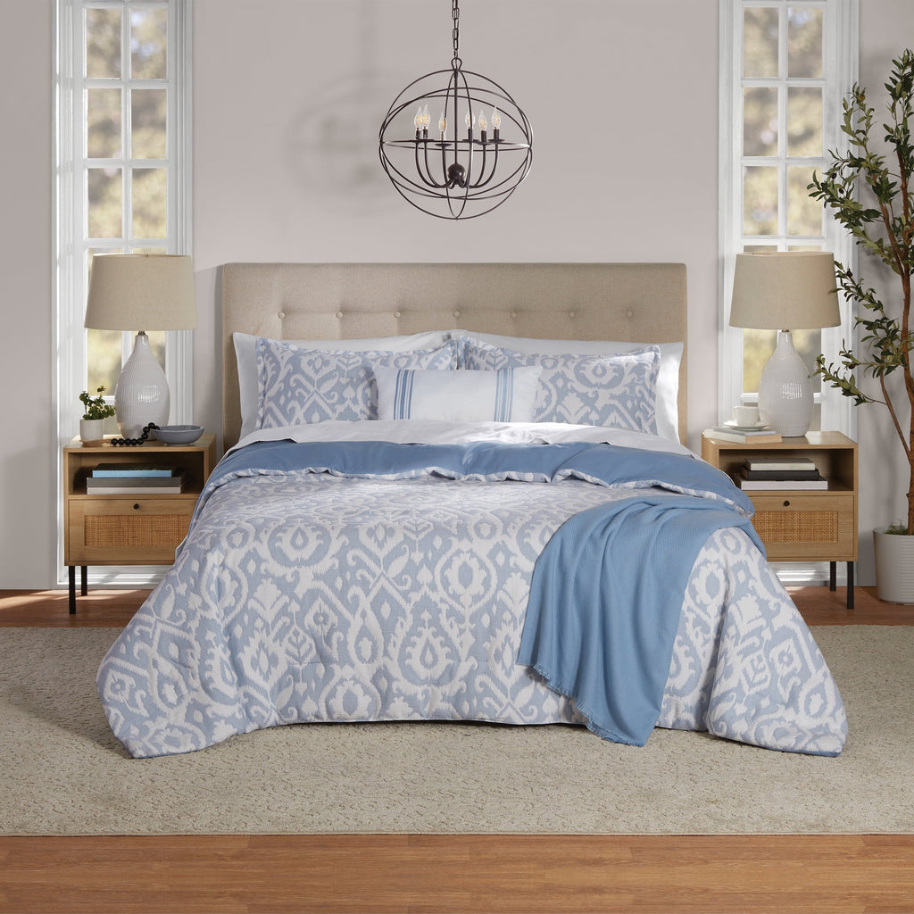 Luxurious Quilted Full/Queen Comforter Set, All-Season, 5-Piece, Blue Matelasse Ikat - Cloud-Like Soft Lightweight Bed Comforter - Default Title