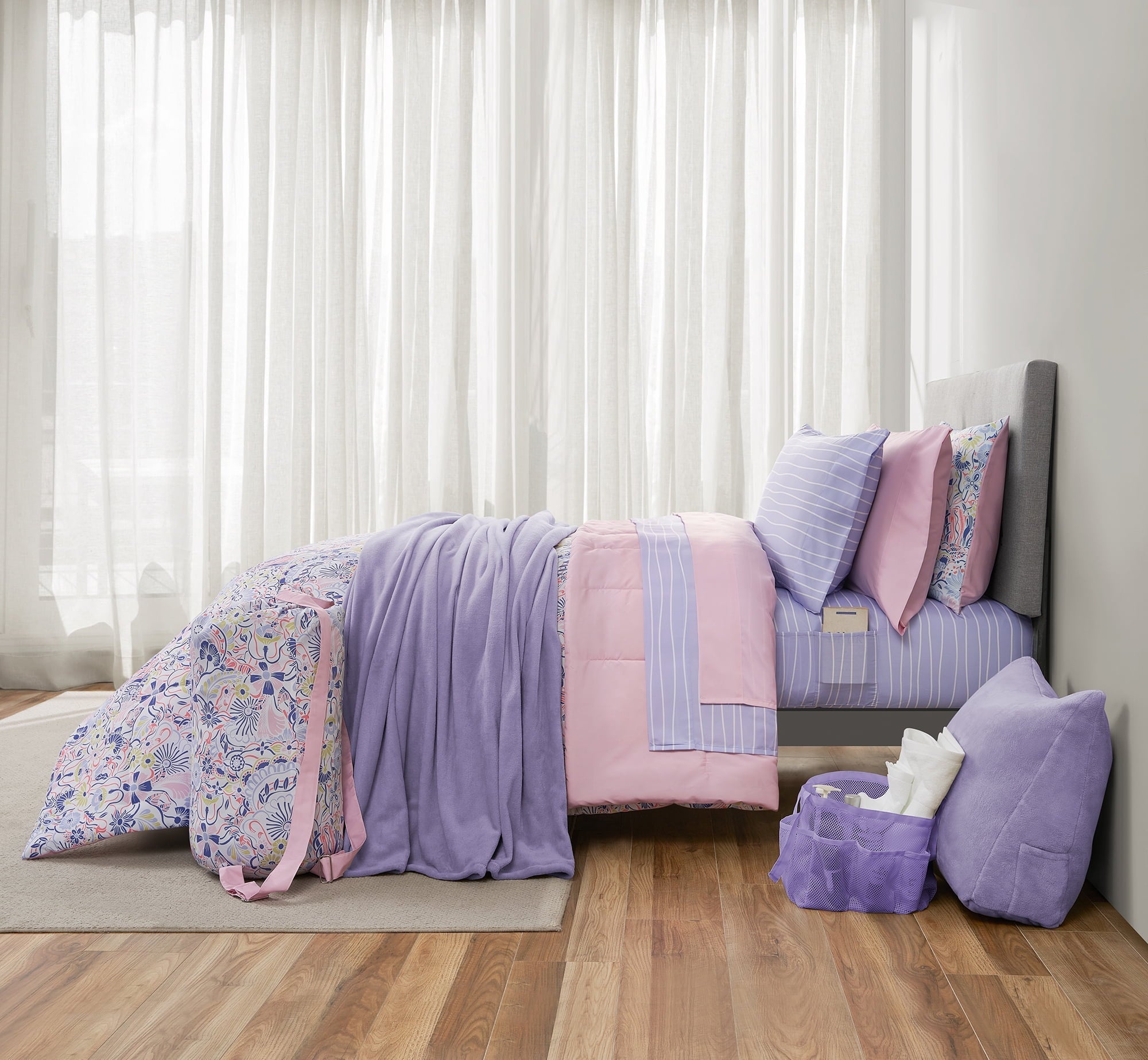 Heavyweight Warmth 14pc College Dorm Essentials Bundle, Twin-XL, Reversible Bed in a Bag Comforter Set, Purple Floral - All-Season Down Alternative Comforter Insert - Default Title