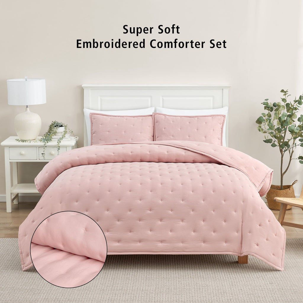 Luxurious Quilted Full/Queen Comforter Set, Super Soft & Embroidered, 3-Piece, Pink - Cloud-Like Soft Lightweight Bed Comforter - Default Title