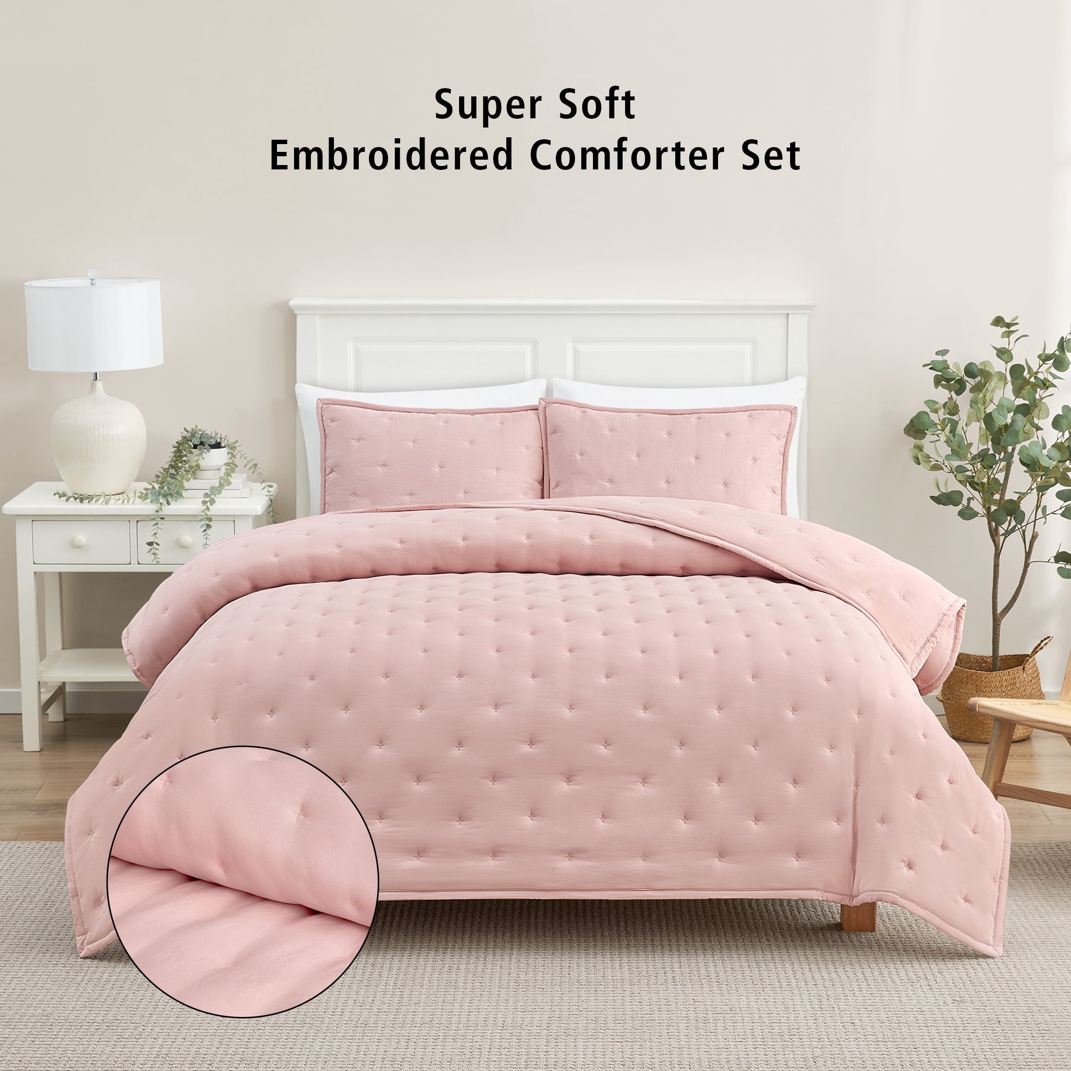 Luxurious Quilted Full/Queen Comforter Set, Super Soft & Embroidered, 3-Piece, Pink - Cloud-Like Soft Lightweight Bed Comforter - Default Title