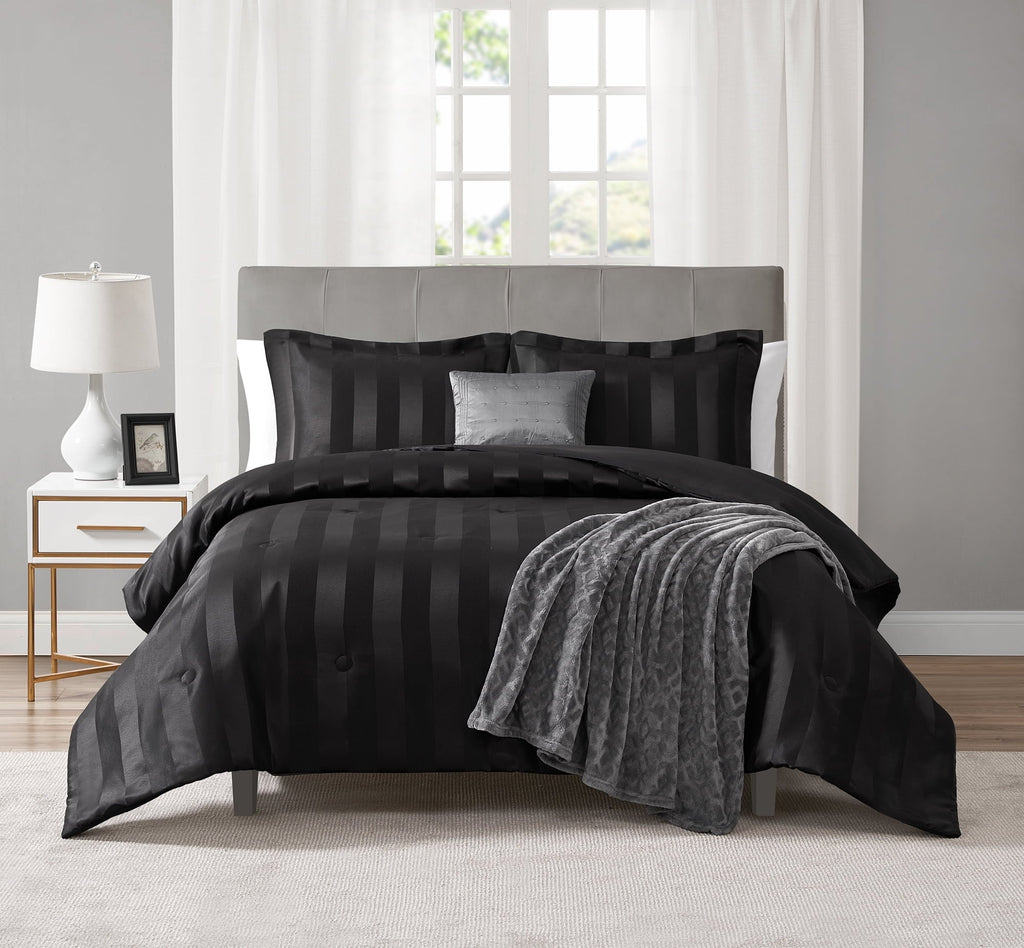 Heavyweight Warmth Rich Black 5 Piece Damask Stripe Comforter Set, King, Adult, Unisex - Hypoallergenic Ultra-Fluffy Quilt for Winter - Default Title