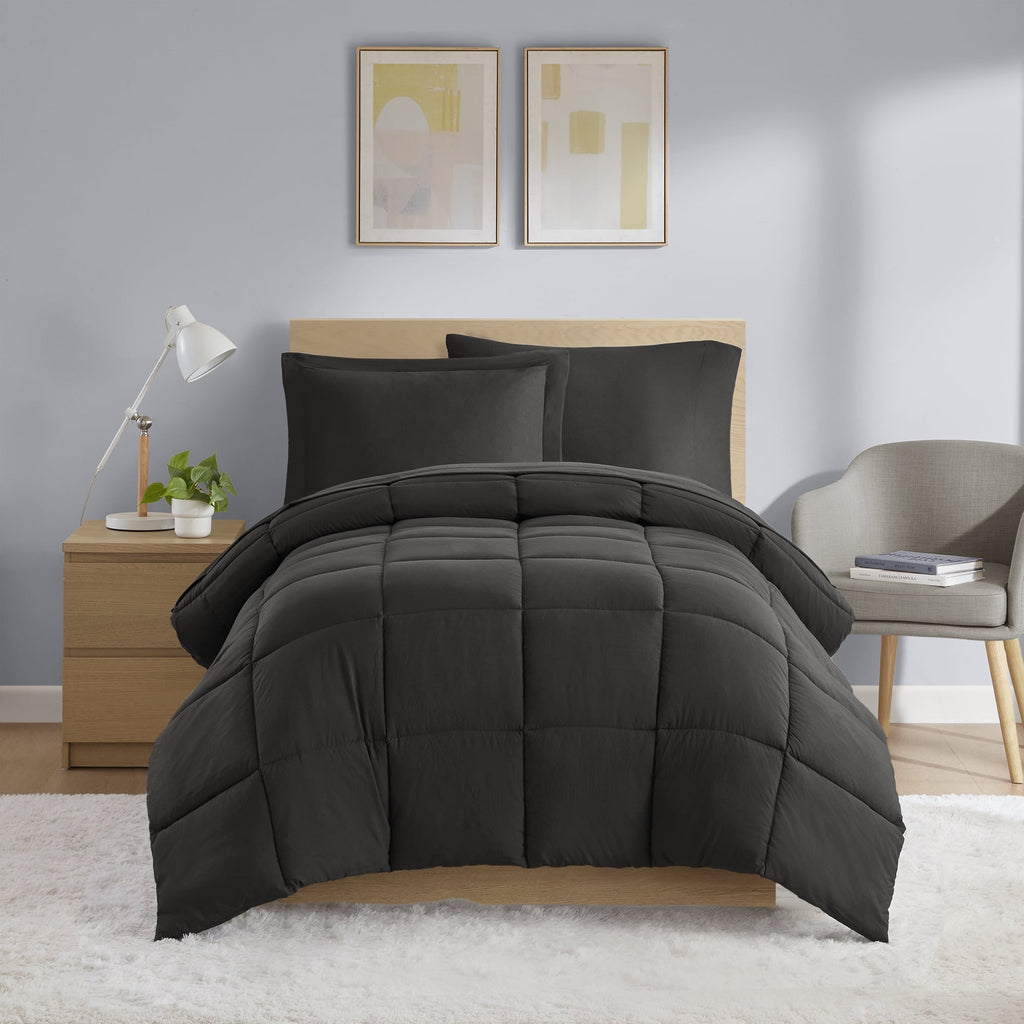 All-Season All in One Down Alt Reversible Comforter and Sheet set- 5 Piece, Twin, Black - Luxurious Quilted Duvet Cover Set - Default Title