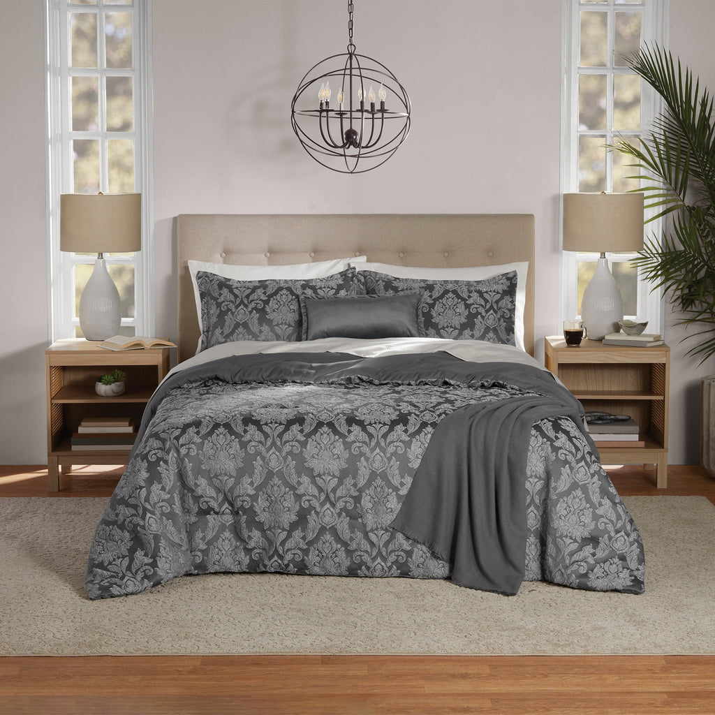 Heavyweight Warmth Full/Queen Comforter Set, All-Season, 5-Piece, Grey Jacquard Damask - Luxurious Quilted Duvet Cover Set - Default Title