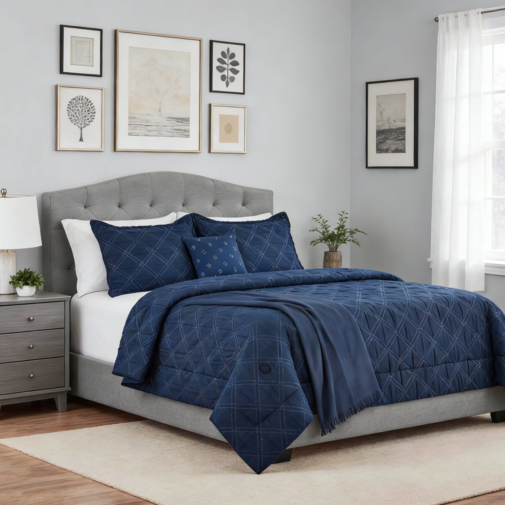 Heavyweight Warmth 5-Piece Reversible Comforter Set Navy Cross Stitch Bedding with Decor Pillow and Throw, Full/Queen - Luxurious Quilted Duvet Cover Set - Default Title