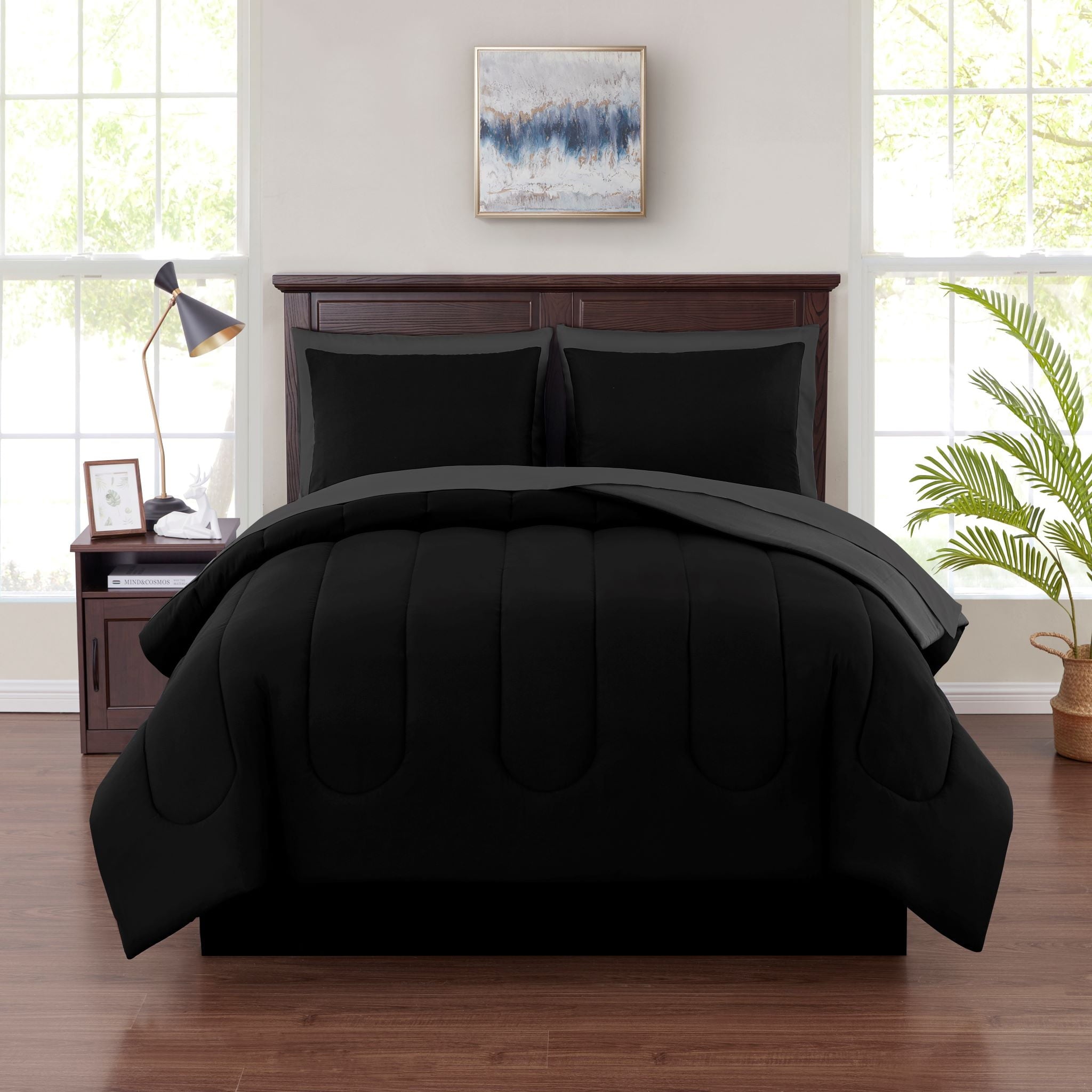 Luxurious Quilted 7 Piece Reversible Bed in a Bag Comforter Set with Sheets, Black, King - All-Season Down Alternative Comforter Insert - Default Title