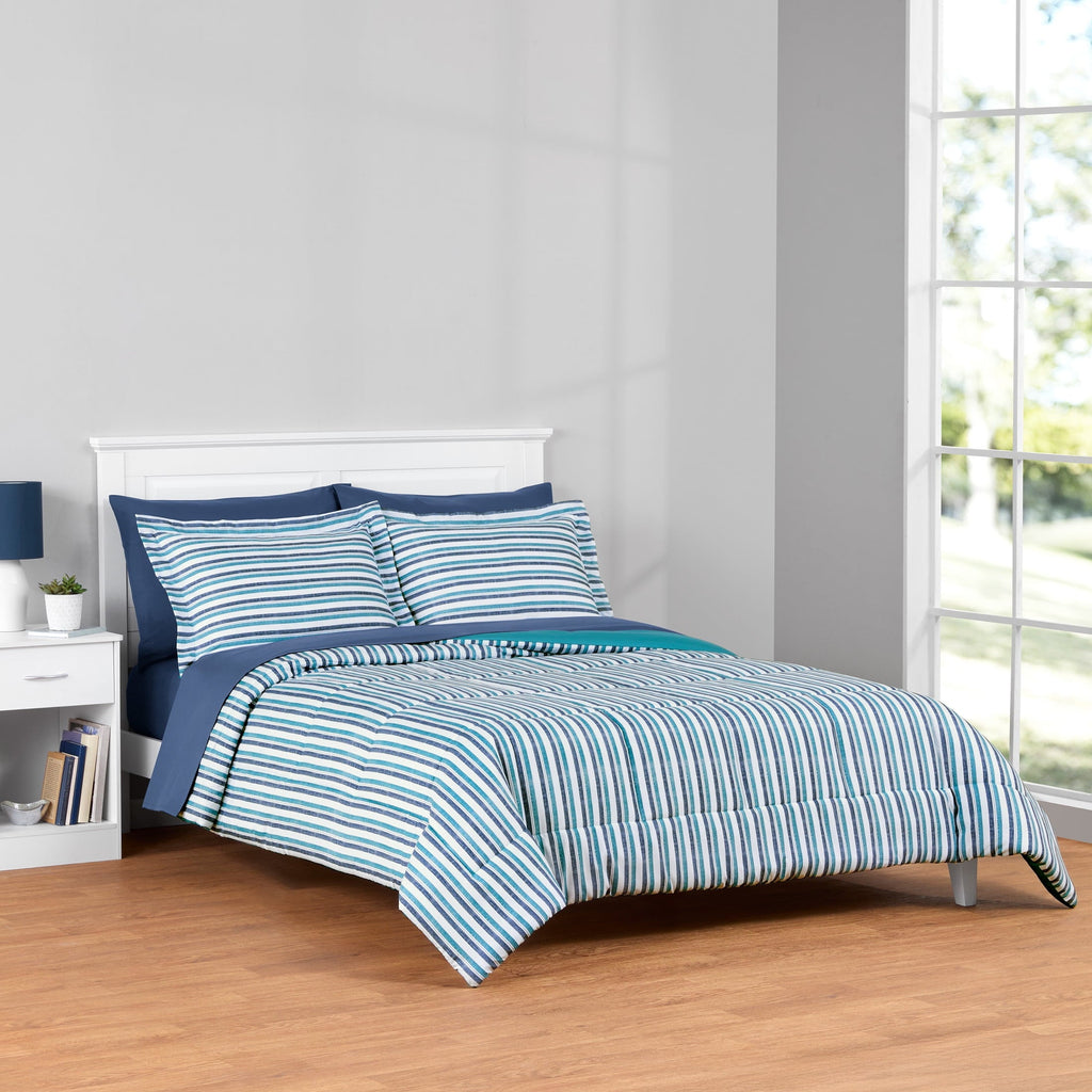 Heavyweight Warmth All in One Reversible Comforter and Sheet Set- 7 Piece, Queen, Blue Pinstripe - All-Season Down Alternative Comforter Insert - Default Title