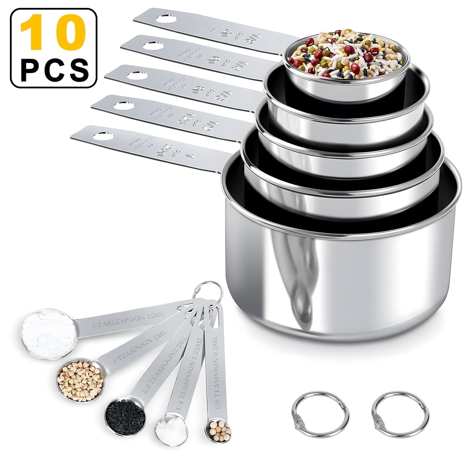 Seamless One-Piece Measuring Cups and Spoons Set of 10, 5 Stainless Steel Cups and 5 Spoons for Kitchen Cooking Baking - Heat-Resistant Silicone Cooking Spatula Turner - Default Title