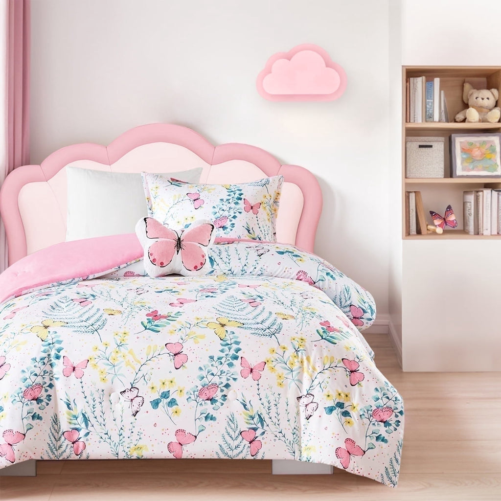 Hypoallergenic Cloud Full/Queen Size Comforter Sets, 4-Piece Kids Bedding Set for Girls, Butterfly Floral Comforter Bed Set, White/Pink - Luxurious Quilted Duvet Cover Set - Default Title