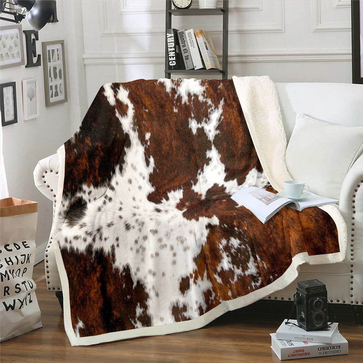 Cozy Fleece Milk Cow Print Throw Blanket for Bed Chair,Black Brown Cowhide Fleece Blanket 50"x60",Farmhouse Rustic Animal Skin We... - Super Soft Reversible Sherpa Flannel Blanket - Default Title