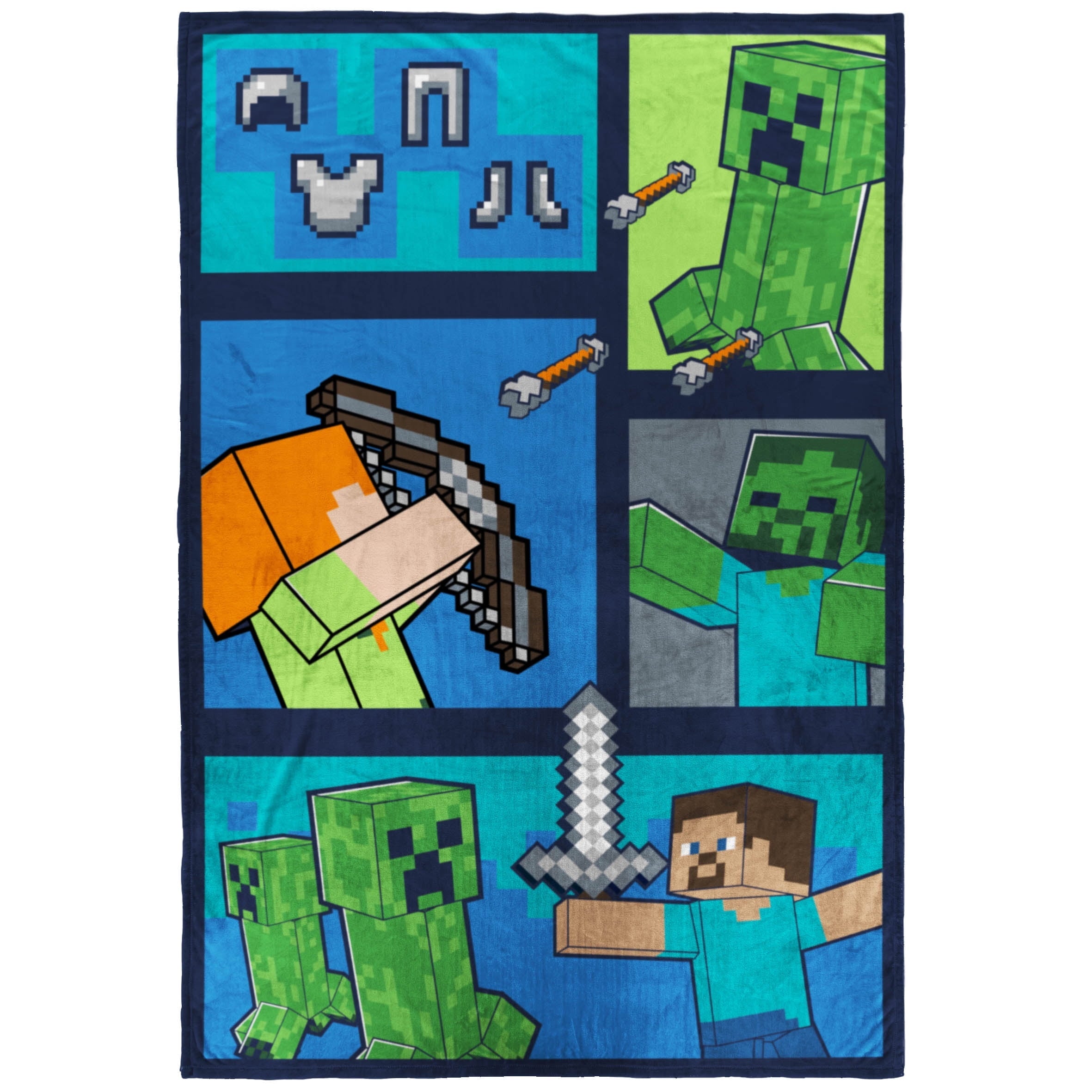 Cozy Fleece Minecraft Kids Twin/Full Blanket, 62 x 90, Microfiber, Green and Blue - Luxury Knitted Decorative Throw Blanket with Fringes - Default Title