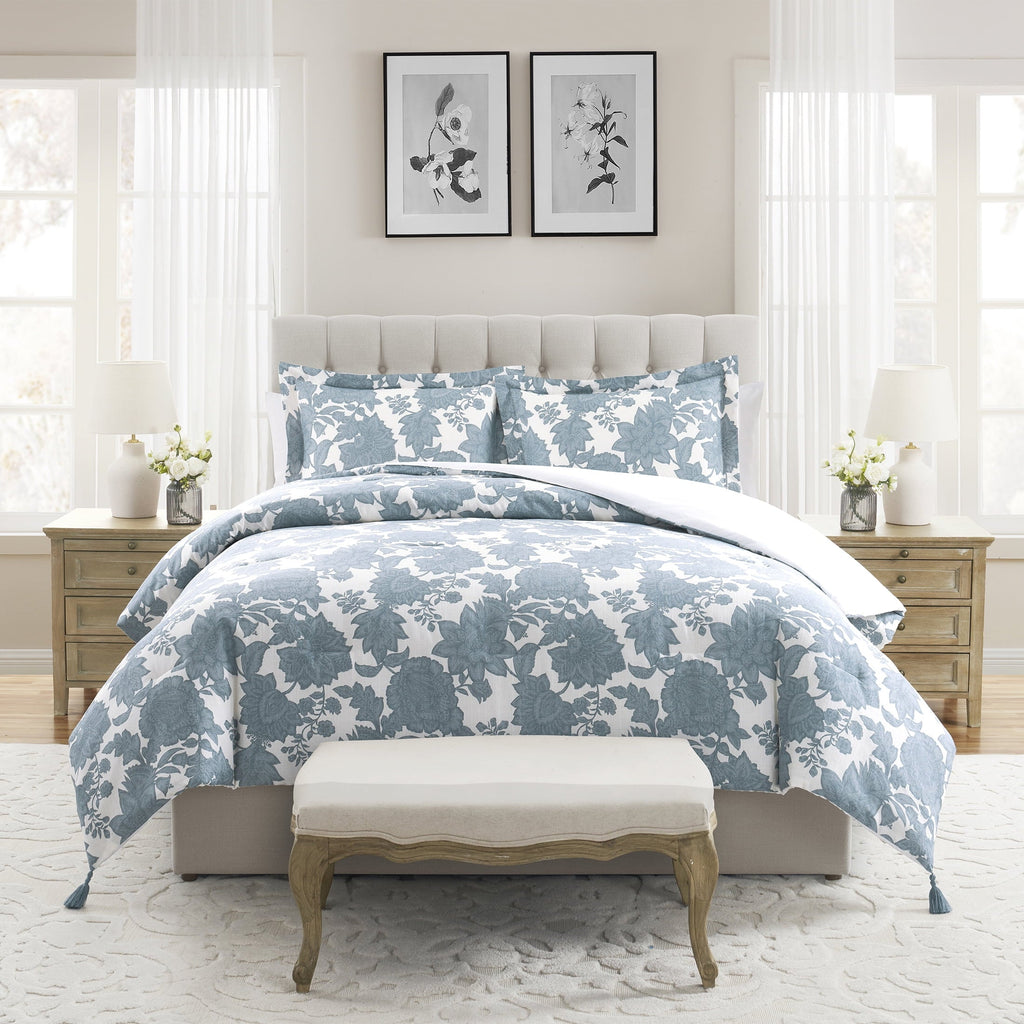 Luxurious Quilted Veronica 3-Piece Blue Floral Cotton Slub Comforter Set, King - Cloud-Like Soft Lightweight Bed Comforter - Default Title