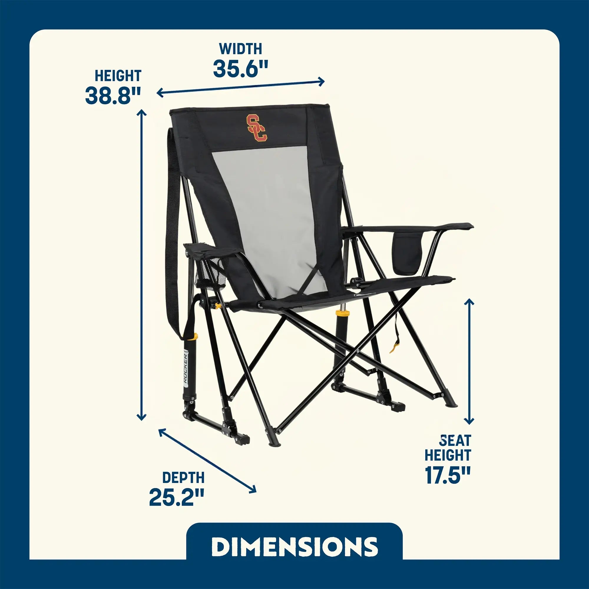 Premium All-Weather College Comfort Pro Rocker - USC Trojans - Choice 856 - RoadTrip Rocker Smooth Motion Camp Chair Detail