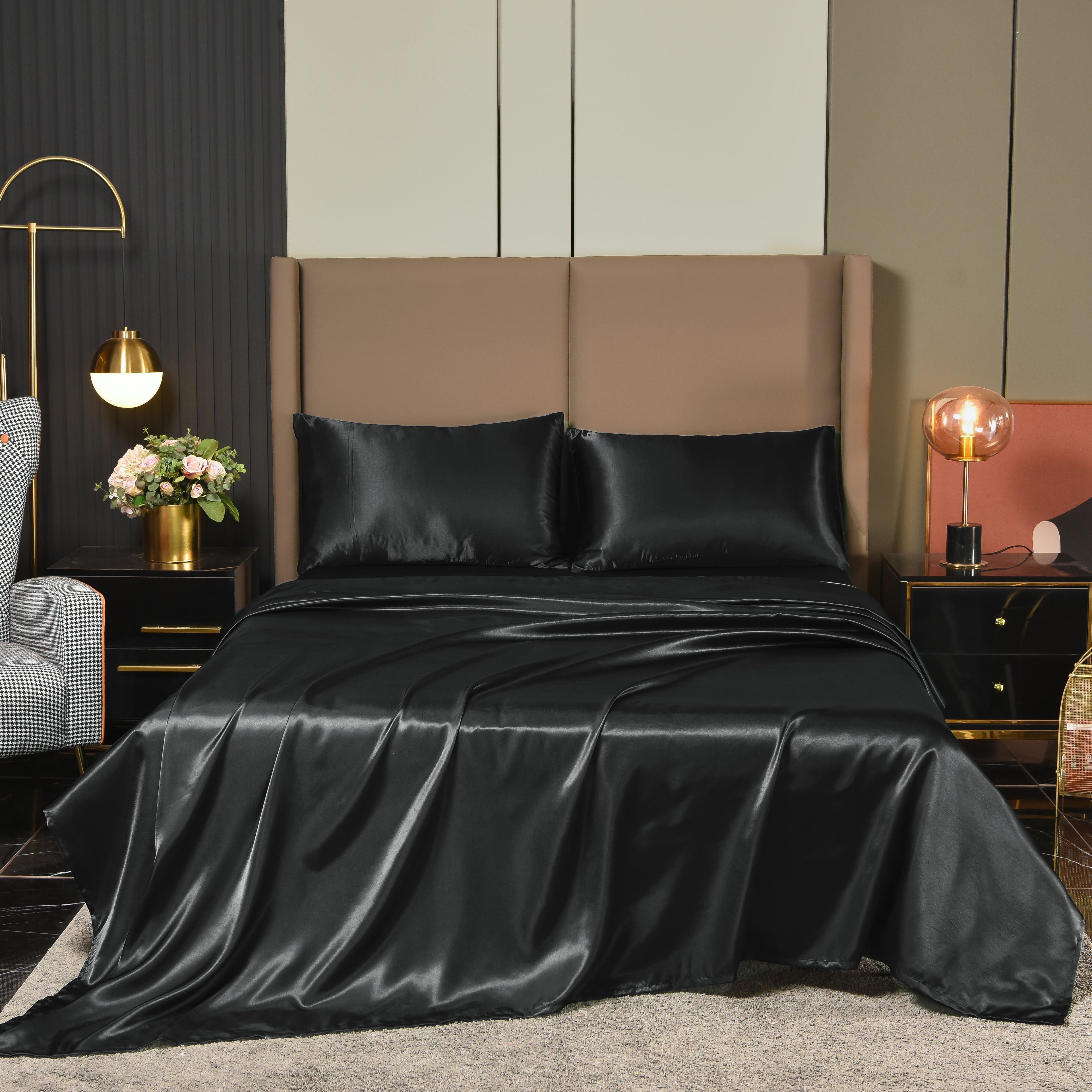 Premium Egyptian Cotton Satin Sheets Full Black Luxury Silky Bed Sheets 1800 Microfiber Sheet Set 4 Pcs - Premium Ultra-Soft Pillowcase Pair for Sleeping - Default Title