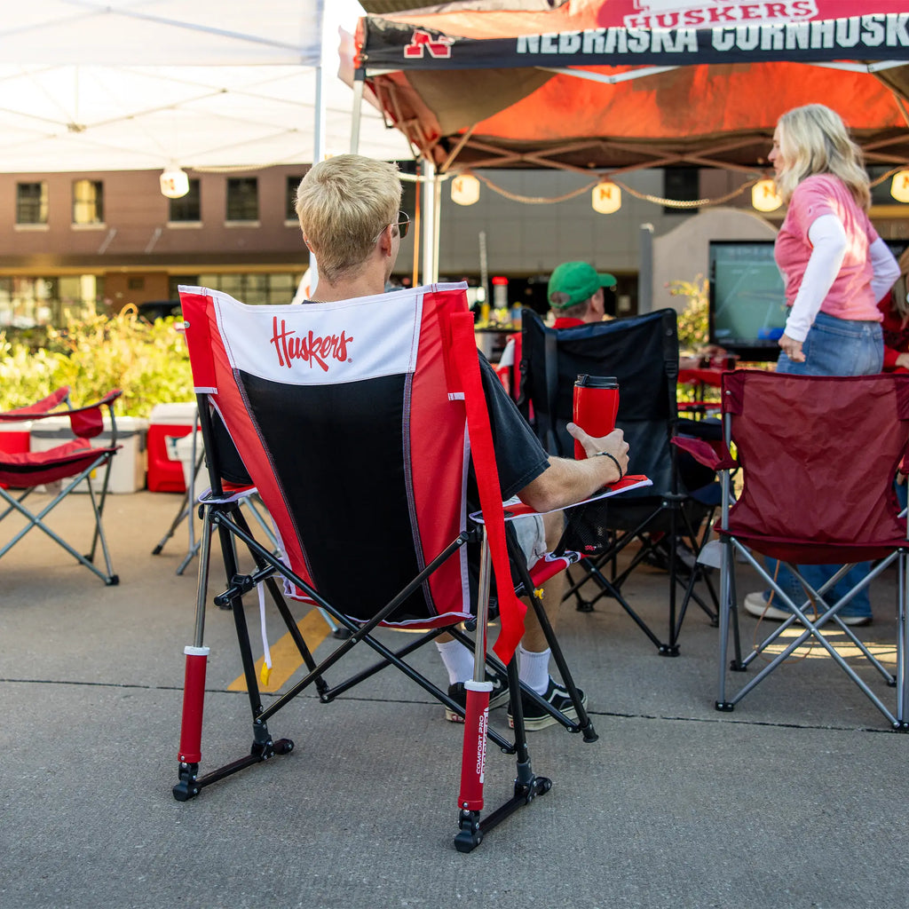 Premium All-Weather College Comfort Pro Rocker - Nebraska Cornhuskers - Choice 161 - Heavy-Duty Kickback Rocker with Beverage Holder Detail