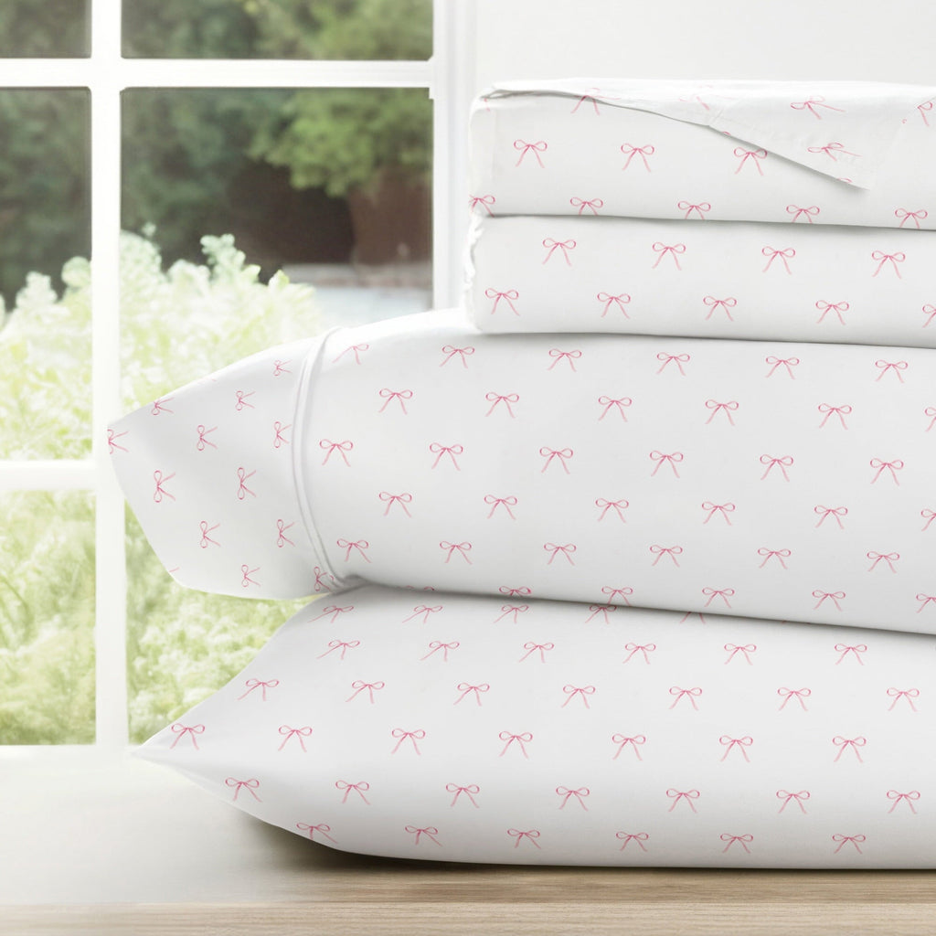 Premium Egyptian Cotton 3 Piece Ditsy Pattern Microfiber Bed Sheets, Pink Bows, Twin-XL - Breathable Egyptian Cotton Flat & Fitted Sheets - Default Title