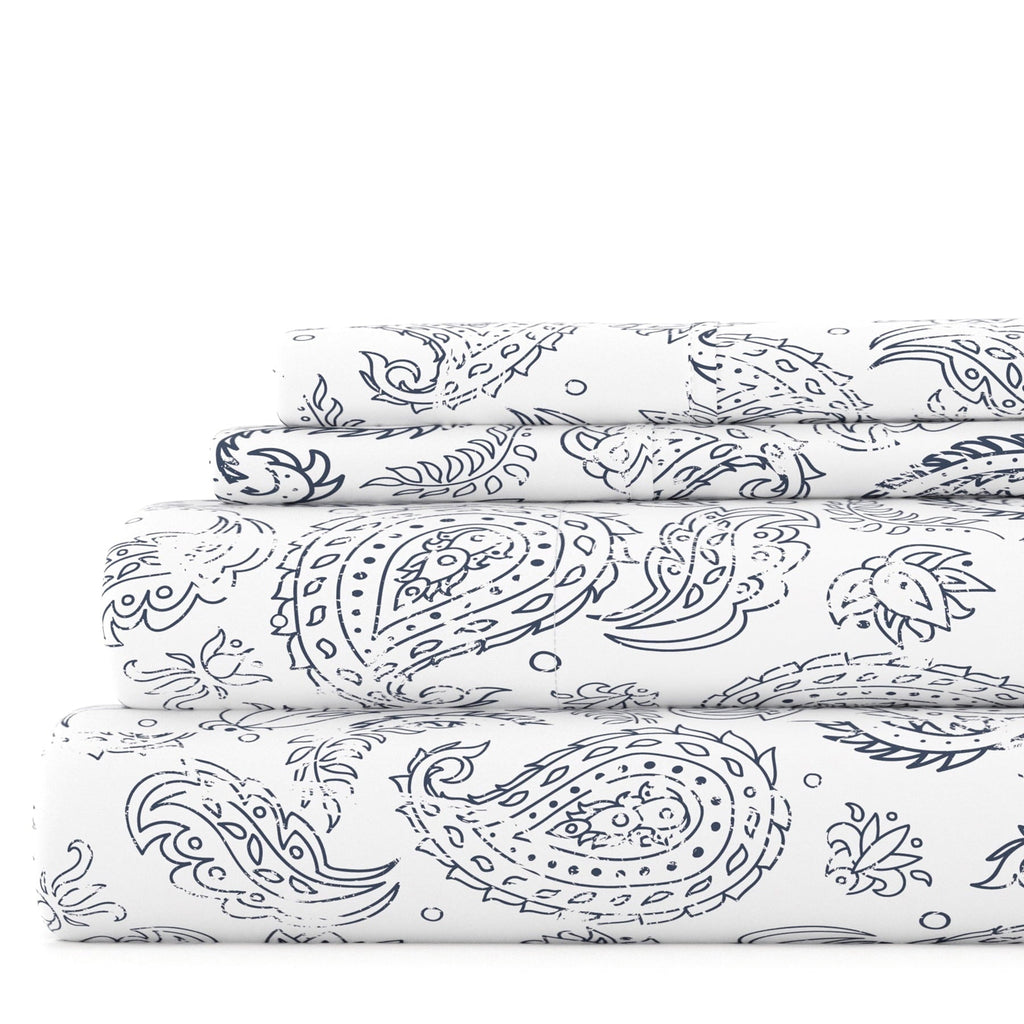 Wrinkle-Resistant 4 Piece Pattern Microfiber Bed Sheets Set, Navy Coarse Paisley, Full - Luxury Bed Sheet Set with Deep Pockets - Default Title