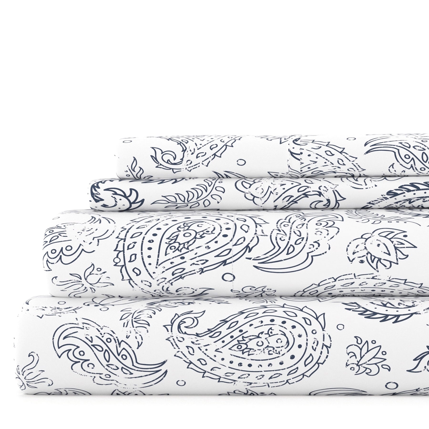 Wrinkle-Resistant 4 Piece Pattern Microfiber Bed Sheets Set, Navy Coarse Paisley, Full - Luxury Bed Sheet Set with Deep Pockets - Default Title
