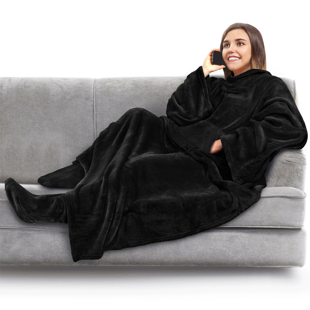 Super Soft Flannel Fleece Blanket with Sleeves, Foot Pockets for Women Men Adults, Plush Wearable Blanket Throw Wrap, Warm Snuggle Blank... - Cozy Fleece Throw Blanket for Couch & Bed - Default Title