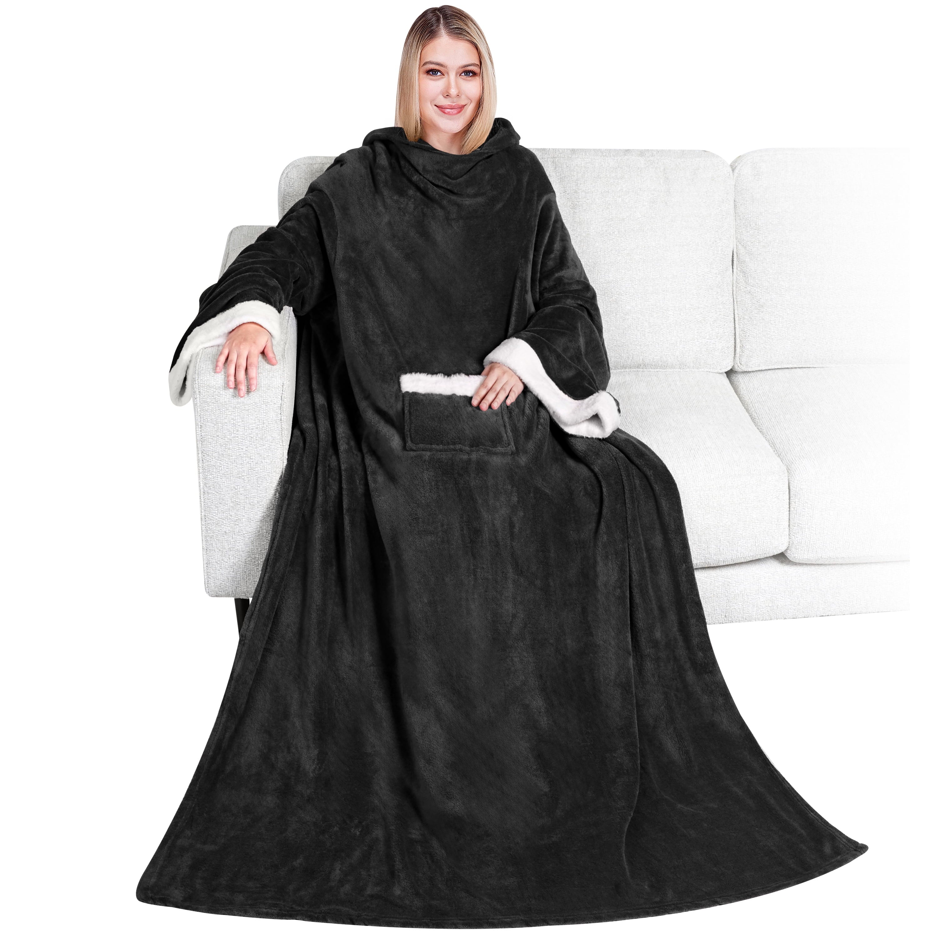 Reversible Sherpa Fleece Blanket with Sleeves for Women Men Adults, Wearable Blanket Warm Soft Plush, Snuggle Pocket Sleeved TV Throw W... - Lightweight Plush Warm Blanket for All Seasons - Default Title