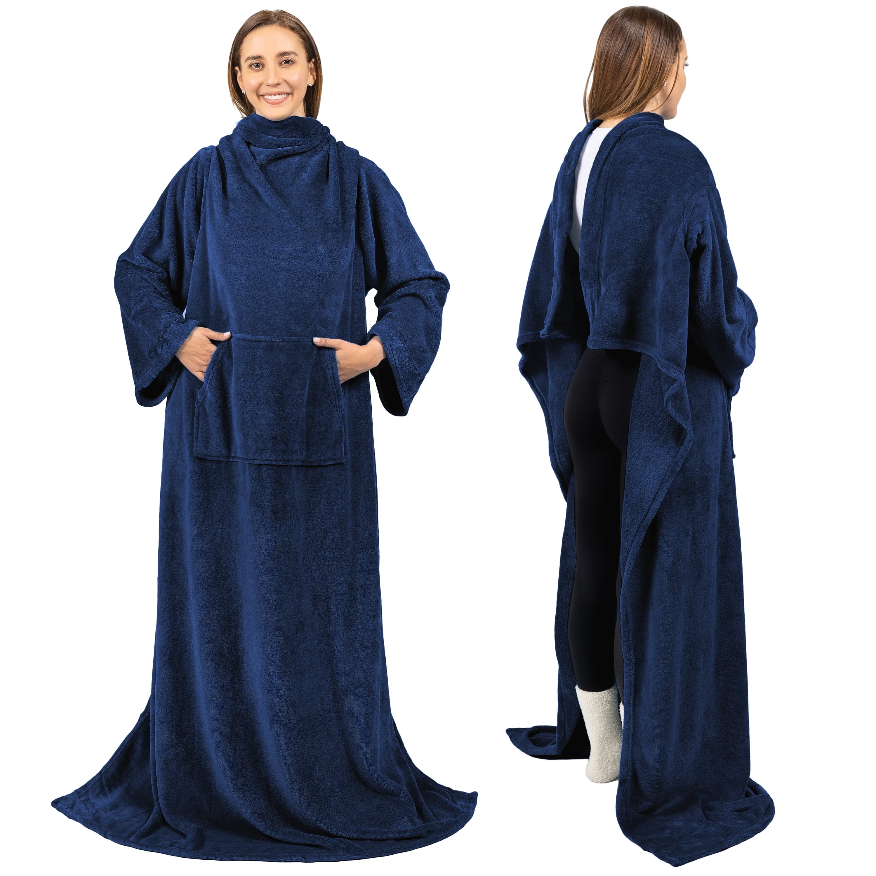 Decorative Knitted Navy Blue Fleece Wearable Blanket with Sleeves for Adults Women Men, Soft Warm Full Body Wrap Throw, Sweatshirt Pocke... - Cozy Fleece Throw Blanket for Couch & Bed - Default Title