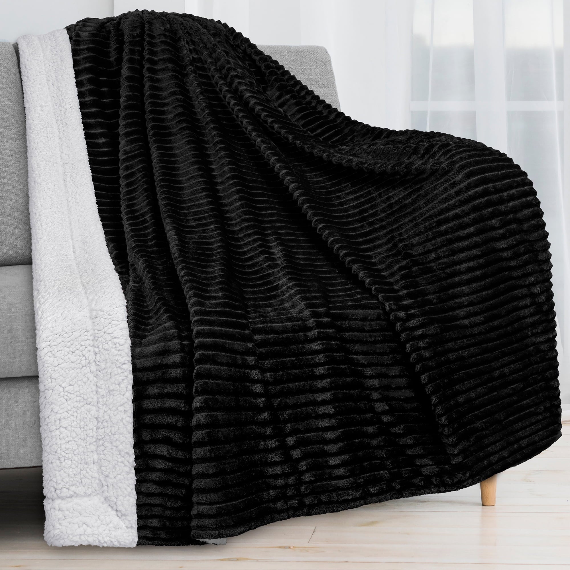 Cozy Fleece Reversible Sherpa Fleece Throw Blanket Black, Plush Flannel Throw, Ultra Soft Warm Ribbed Microfiber Blanket for Sofa... - Super Soft Reversible Sherpa Flannel Blanket - Default Title
