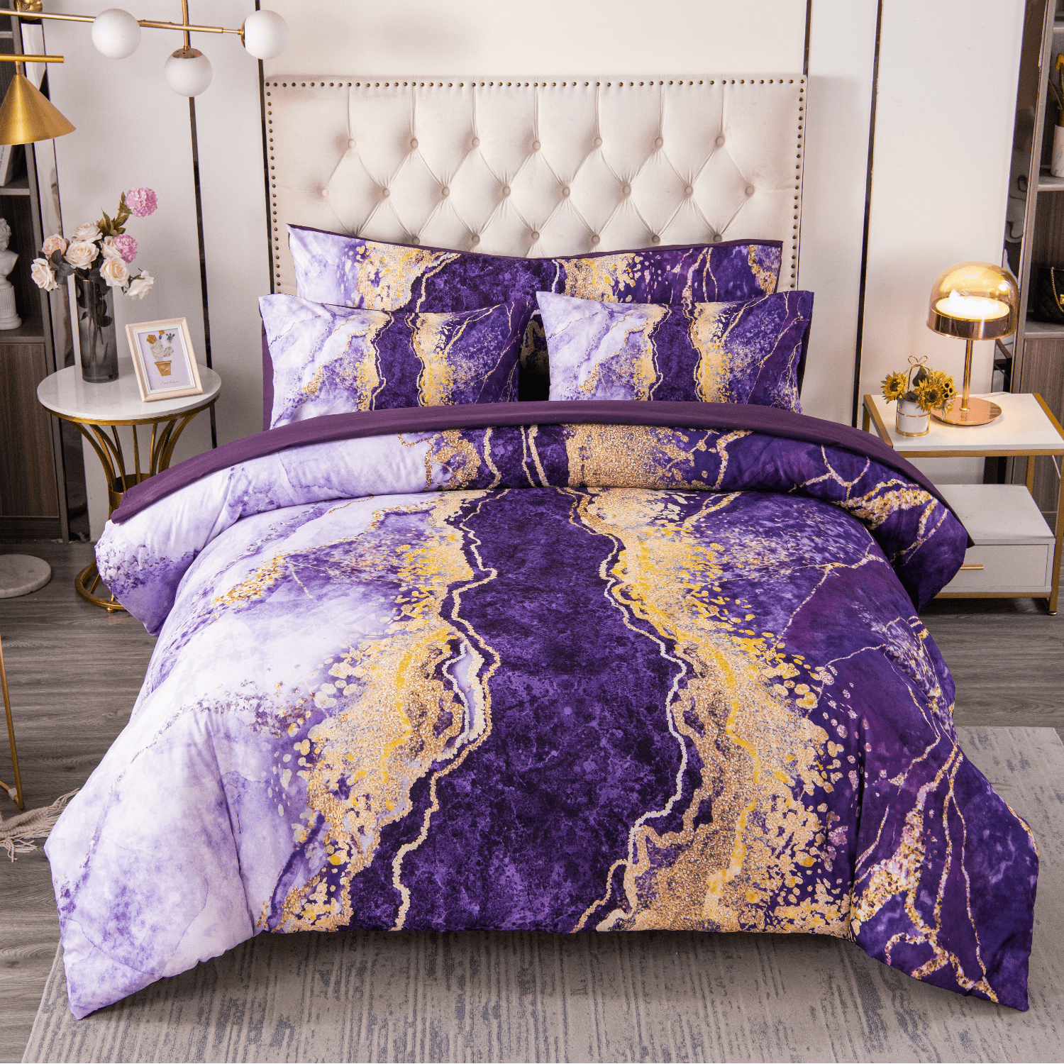 Luxurious Quilted 6 Pieces Queen Size Comforter Set Purple,Watercolor Marble Colorful Purple Bedding,Ultra Soft Purple Bed Set with Com... - Hypoallergenic Ultra-Fluffy Quilt for Winter - Default Title