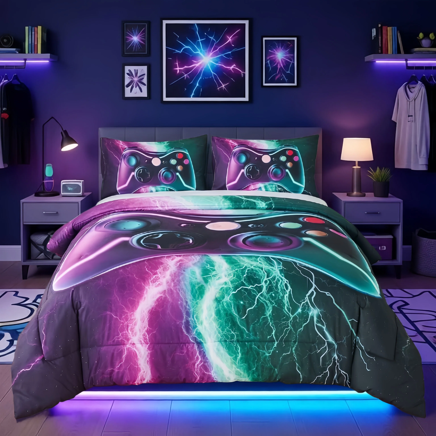 Fluffy Down Alternative Queen Size Gaming Comforter Set for Boys,3-Piece 3D Green Purple Lightning Game Controller Bedding Set for Kids Teens - Luxurious Quilted Duvet Cover Set - Default Title