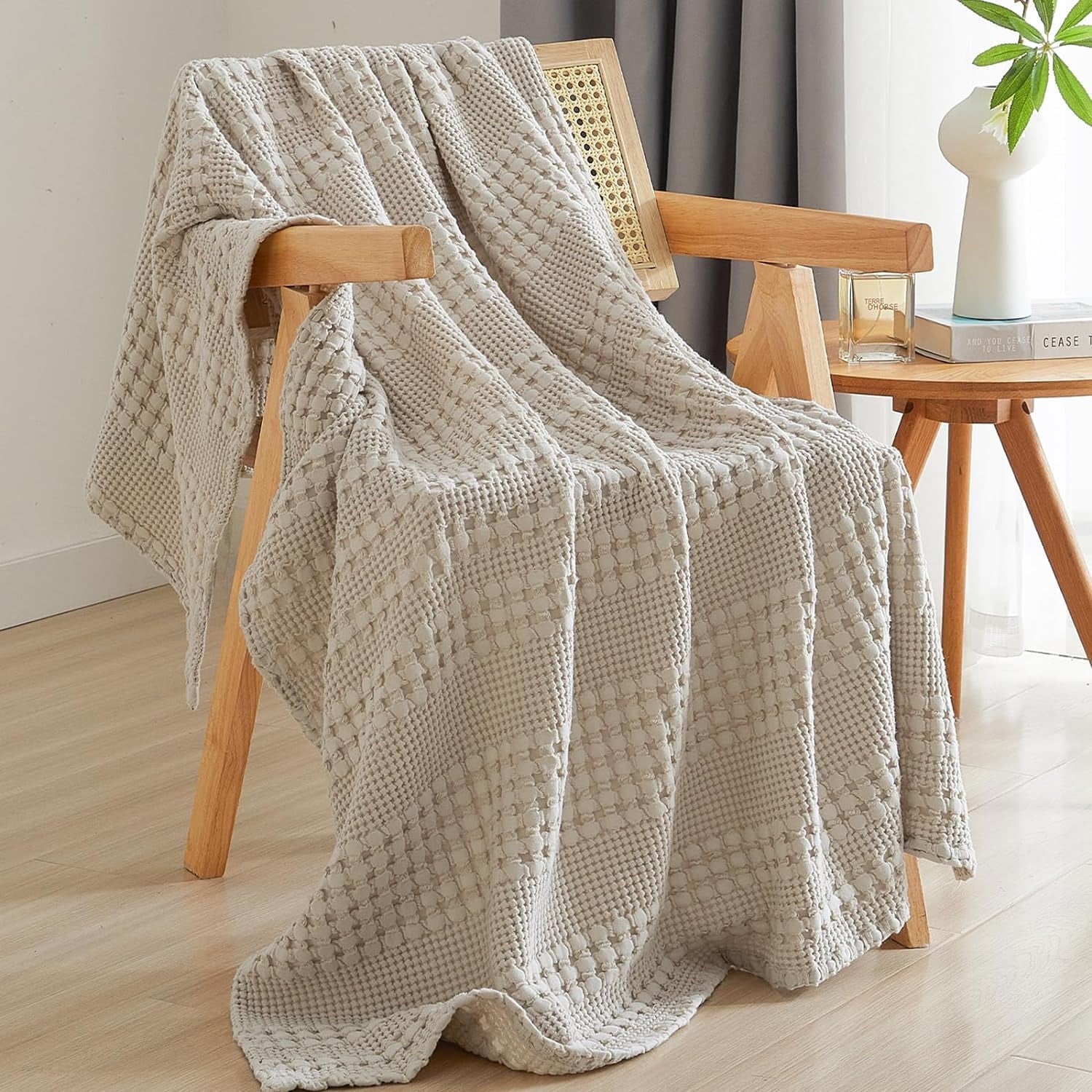 Cozy Fleece 100% Cotton Waffle Weave Blanket, Lightweight Throw Washed Blanket for Bed Sofa Home Decor, Oatmeal, 50"x60" - Lightweight Plush Warm Blanket for All Seasons - Default Title