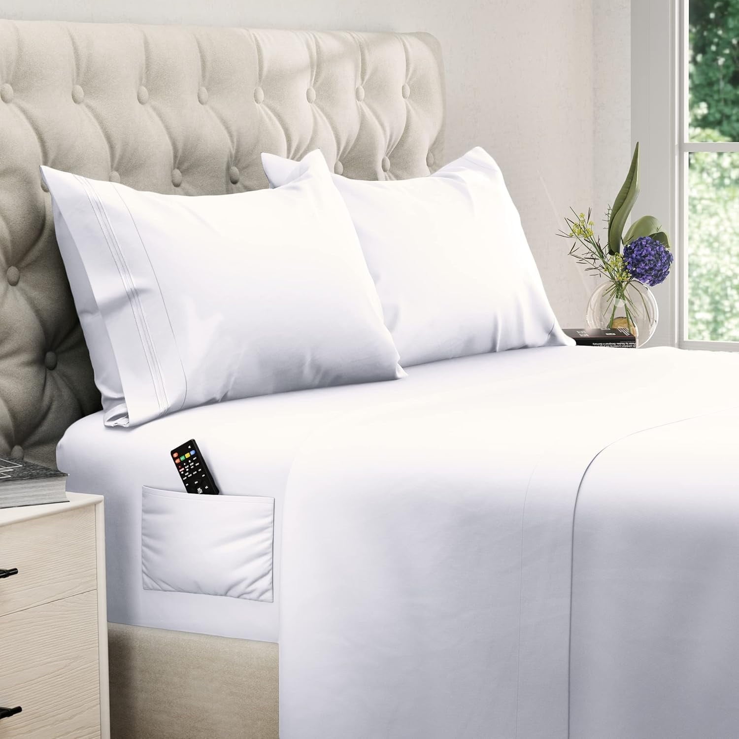 Ultra-Soft Set, Soft Microfiber 4 Piece Hotel Luxury Bed s with Deep Pockets, Embroidered Pillow Cases, Side Storage Pocket Fitt... - Luxury Bed Sheet Set with Deep Pockets - Default Title