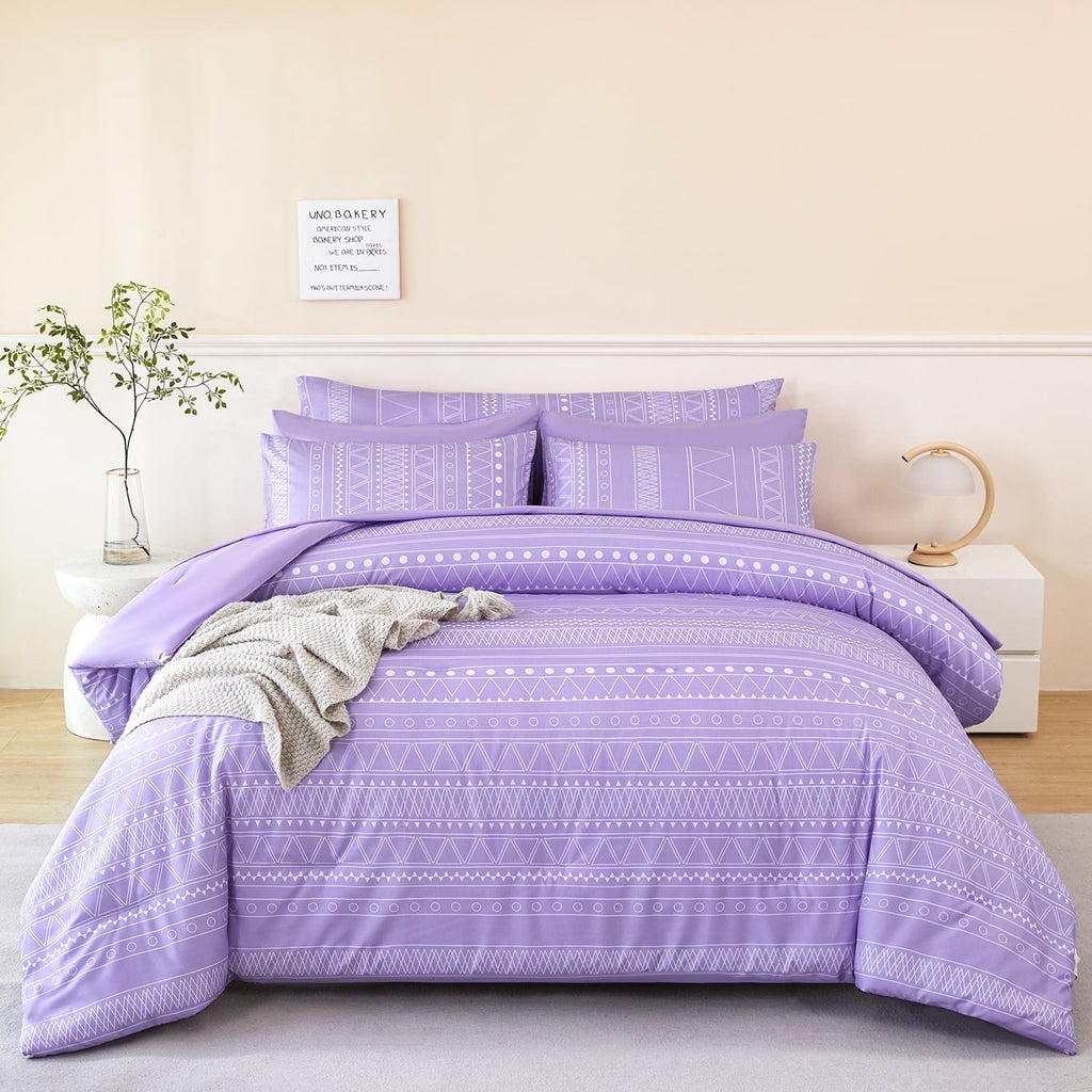 Hypoallergenic Cloud 8-Pieces Boho Bedding Set Full Lavender Striped Bed in a Bag for Girls Women Soft Fluffy Purple Comforter Set with Sh... - Cloud-Like Soft Lightweight Bed Comforter - Default Title