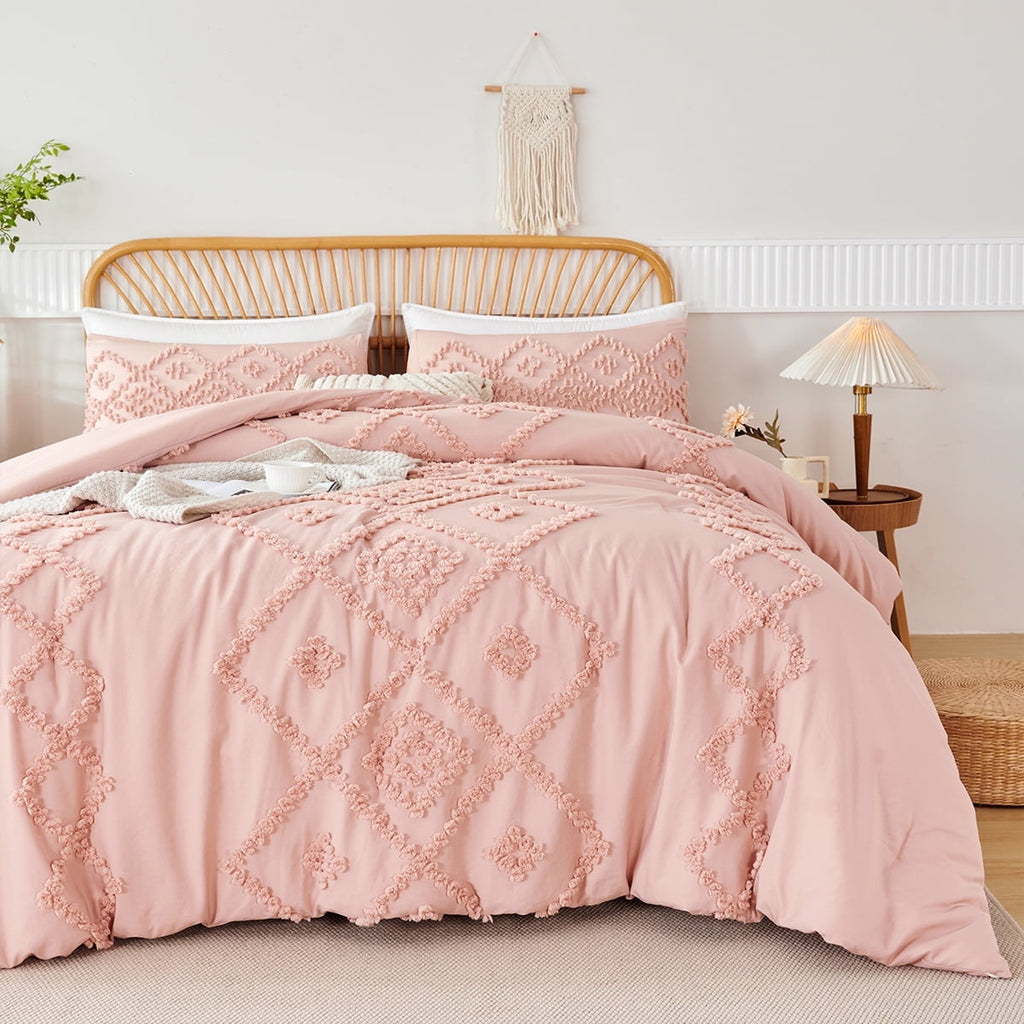 Heavyweight Warmth Pink Diamond Jacquard Comforter Set Queen 3 Pcs Bohemian Tufts Quilt Set for Kids Girls Adult 100% Soft Microfiber Be... - Luxurious Quilted Duvet Cover Set - Default Title