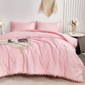 Luxurious Quilted Pink Full Size Comforter Set Pom Fringe 3 Pcs Boho Chic Cute Ball Pom Blush Bedding Set Cali Soft Lightweight Solid B... - Hypoallergenic Ultra-Fluffy Quilt for Winter - Default Title