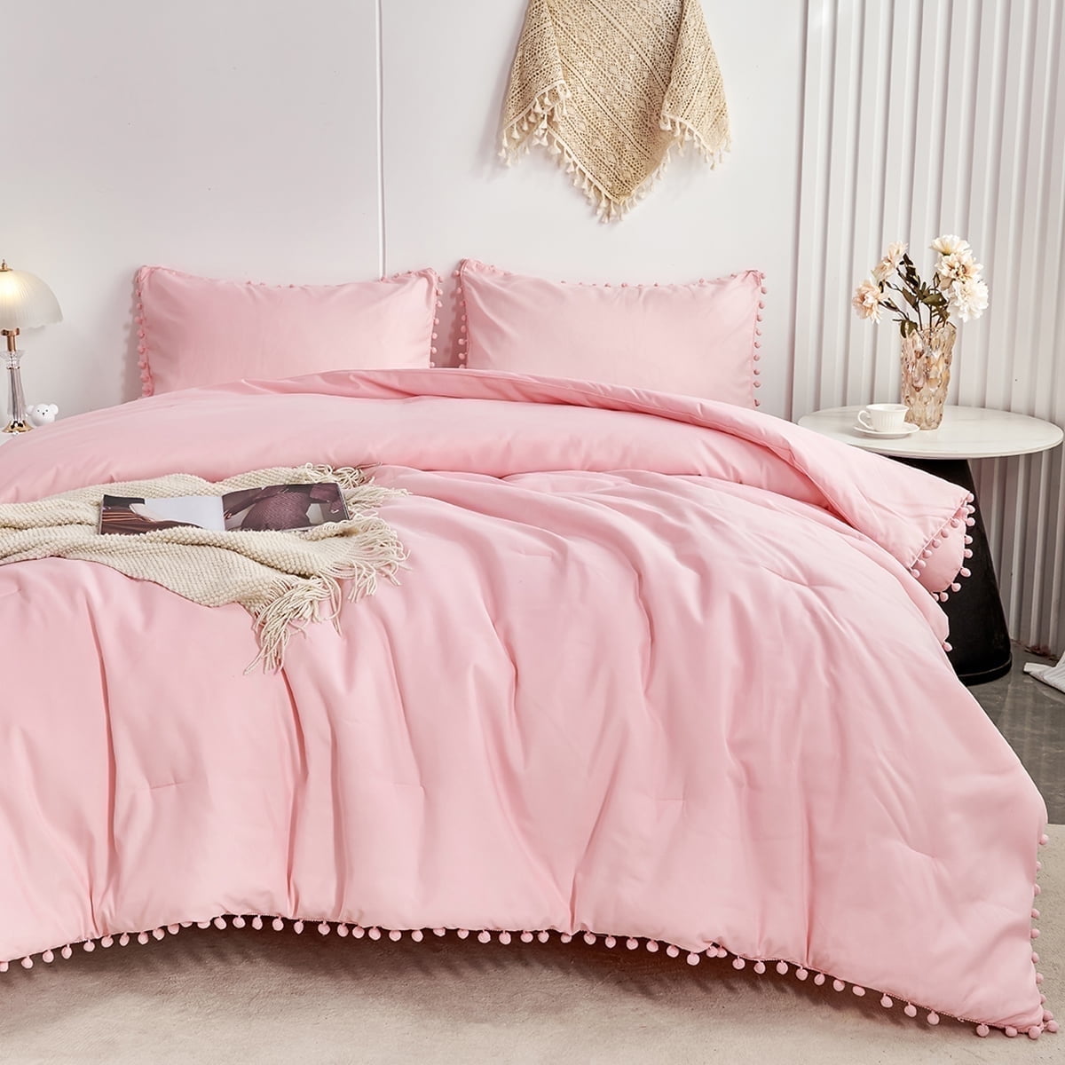 Luxurious Quilted Pink Full Size Comforter Set Pom Fringe 3 Pcs Boho Chic Cute Ball Pom Blush Bedding Set Cali Soft Lightweight Solid B... - Hypoallergenic Ultra-Fluffy Quilt for Winter - Default Title
