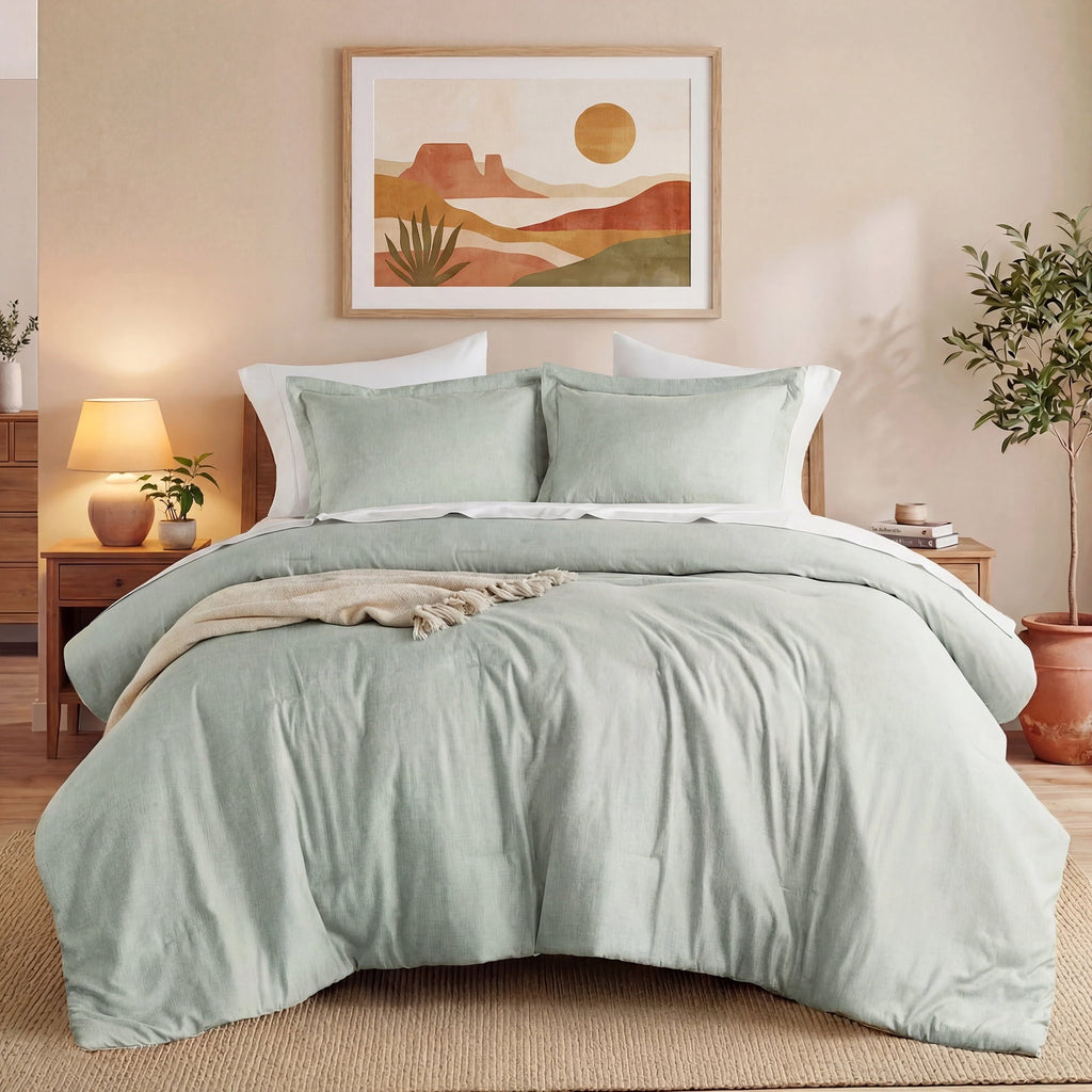 Fluffy Down Alternative Full/Queen Comforter Sets, Reversible 3 Piece Extra Soft Bedding Set, Chambray Print Sage Green Comforter Bed Set wit... - Hypoallergenic Ultra-Fluffy Quilt for Winter - Default Title