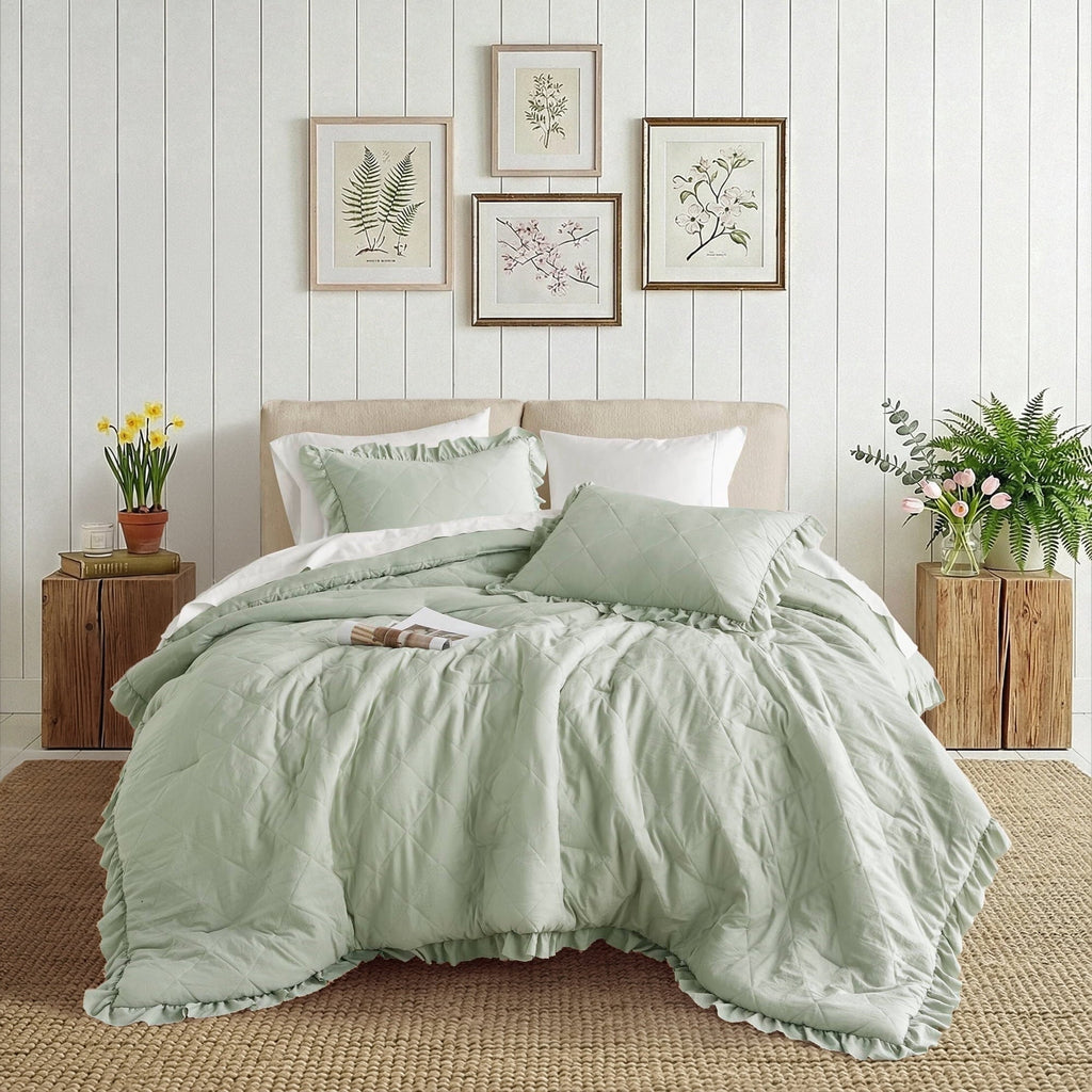 Heavyweight Warmth Full/Queen Comforter Set Sage, 3 Pieces Quilted Ruffle Comforters Full/Queen Size, Solid Bedding Comforters Sets, Gif... - Luxurious Quilted Duvet Cover Set - Default Title