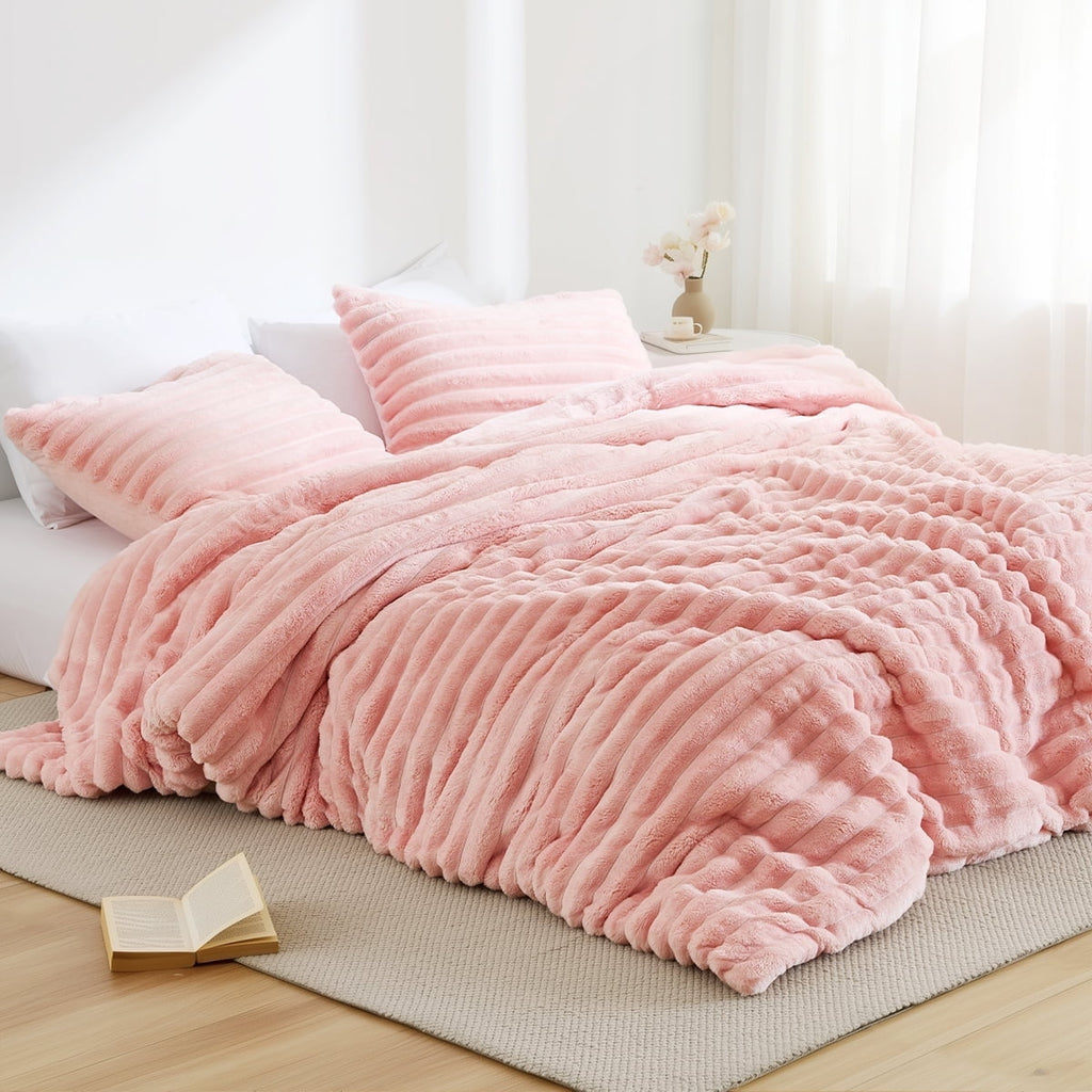 All-Season Full/Queen Size Comforter Set, Fluffy Ribbed Plush Comforter Set, 3-Piece Bedding Set, Pink - Cloud-Like Soft Lightweight Bed Comforter - Default Title