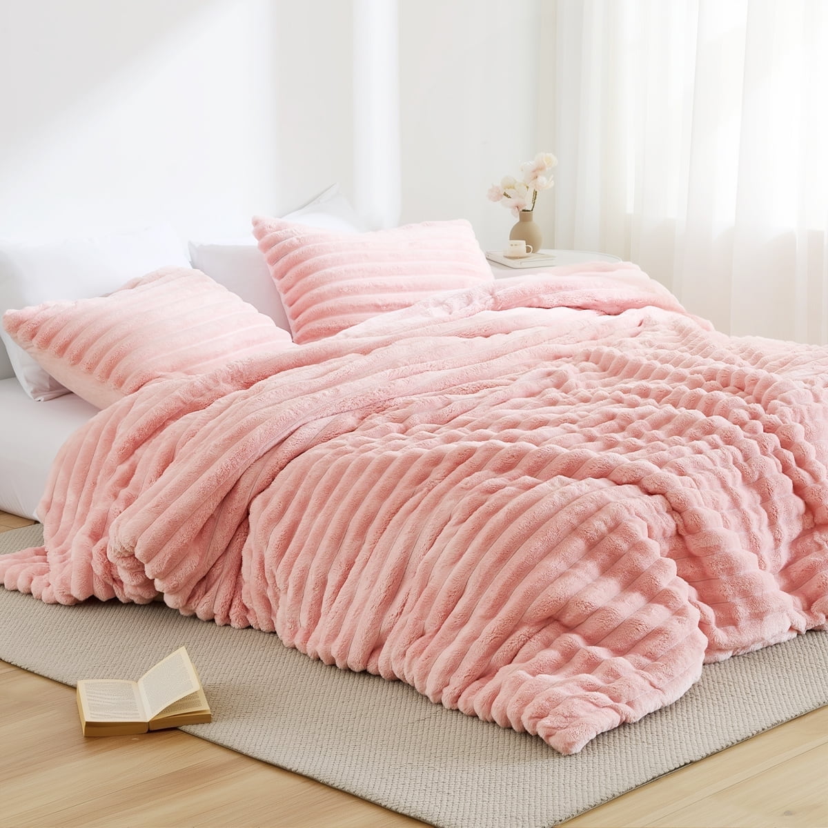 All-Season Full/Queen Size Comforter Set, Fluffy Ribbed Plush Comforter Set, 3-Piece Bedding Set, Pink - Cloud-Like Soft Lightweight Bed Comforter - Default Title