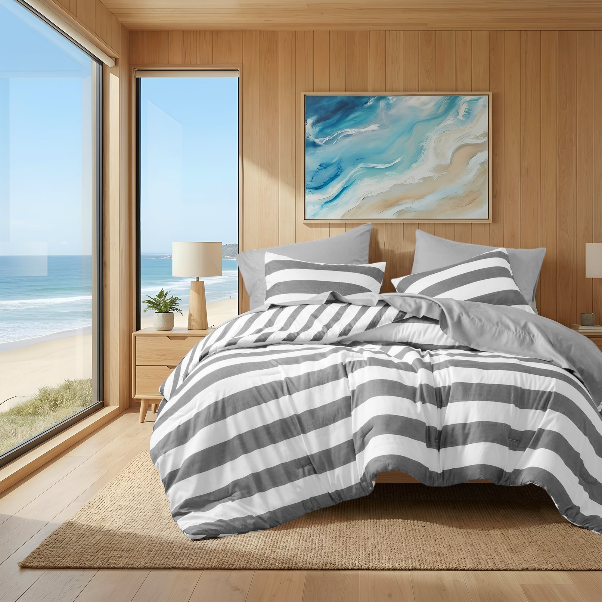 Heavyweight Warmth Full/Queen Size Comforter Sets, 3-Piece Bedding Set Full/Queen, Reversible Striped Comforter Bed Set, Charcoal - Cloud-Like Soft Lightweight Bed Comforter - Default Title