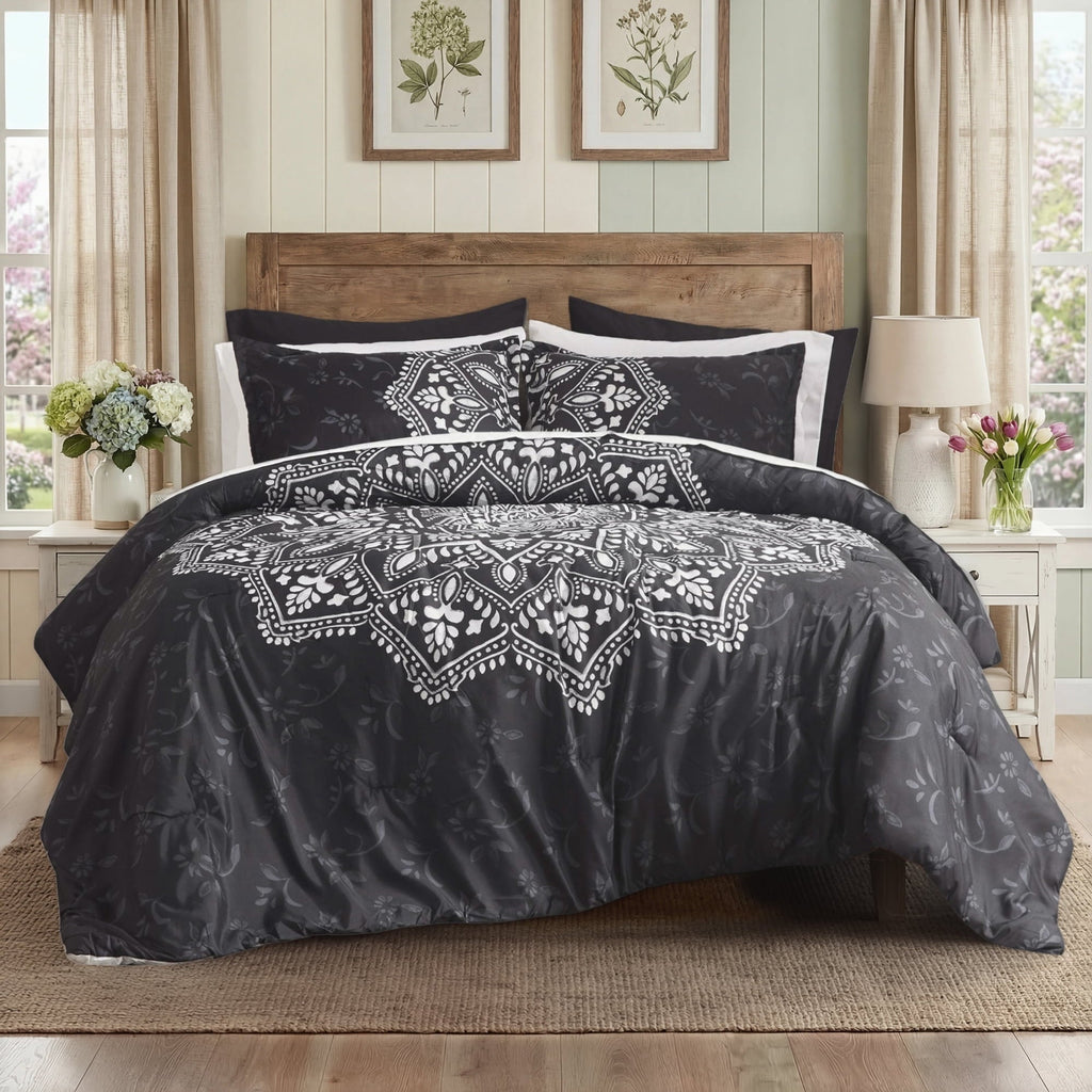 All-Season Queen Comforter Set, Bedding Comforter Set Queen Size W/ Side Pockets, Black, 9 Pieces - Hypoallergenic Ultra-Fluffy Quilt for Winter - Default Title