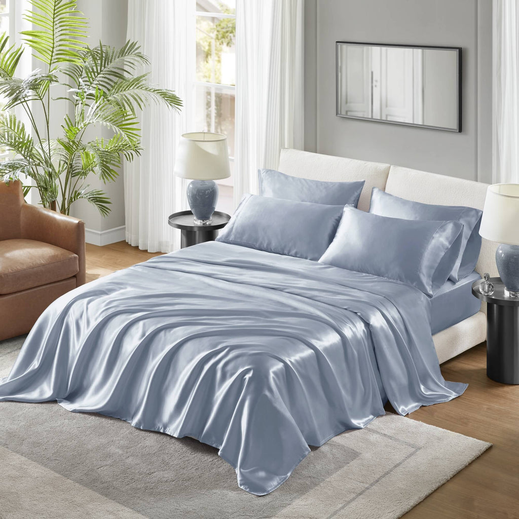 Premium Egyptian Cotton Satin Sheet Set, Twin Bed Sheets with Pillowcases, 4-Piece Luxury Silky Sheet Set, Blue, Gifts for Women - Cooling Hotel Quality Bedding Sheets and Pillowcases - Default Title