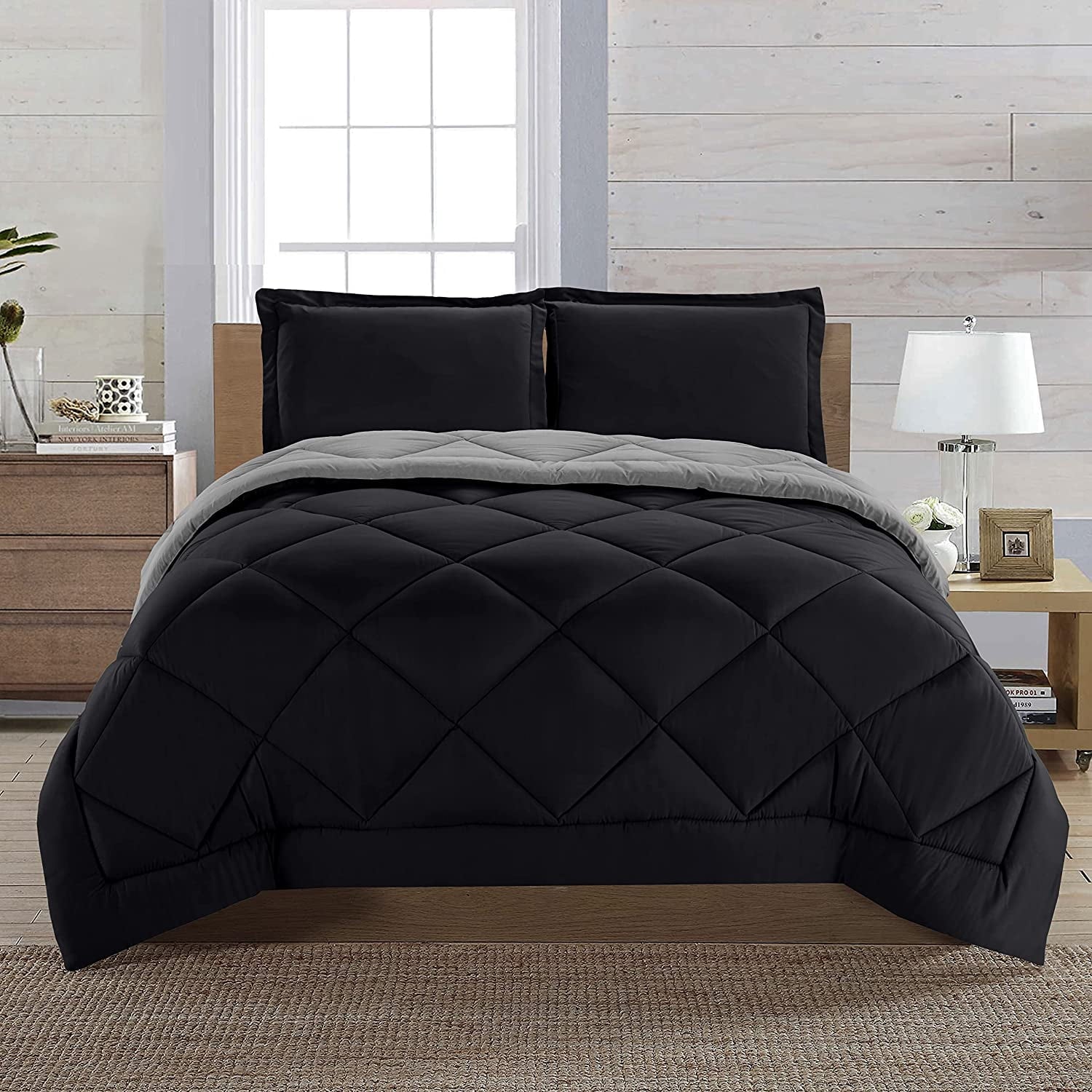 Fluffy Down Alternative Reversible 3-Piece Comforter Set, Diamond Stitched, King, Black/Grey - Cloud-Like Soft Lightweight Bed Comforter - Default Title