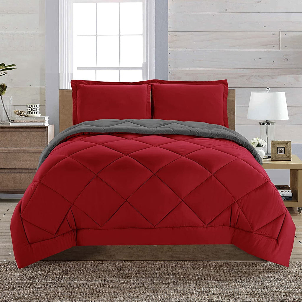 Fluffy Down Alternative Reversible 3pc Comforter Set- Available In A Few Sizes And Colors , Full/Queen, Red/Gray - All-Season Down Alternative Comforter Insert - Default Title