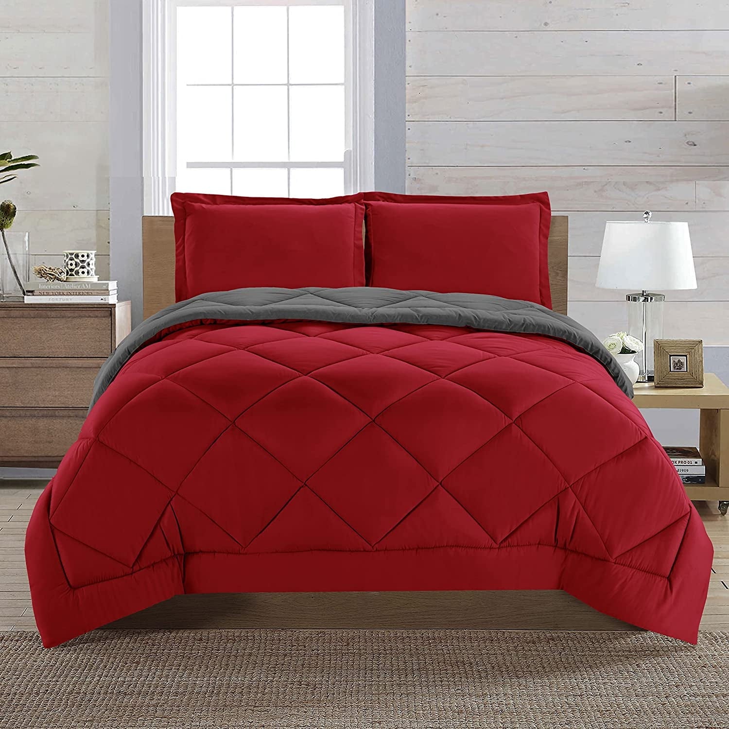 Fluffy Down Alternative Reversible 3pc Comforter Set- Available In A Few Sizes And Colors , Full/Queen, Red/Gray - All-Season Down Alternative Comforter Insert - Default Title