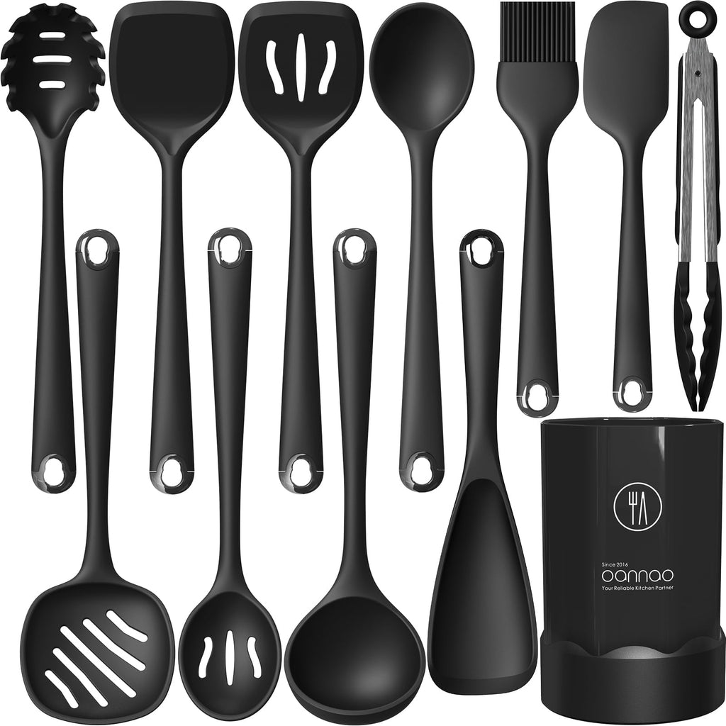 Seamless One-Piece Silicone Kitchen Utensils Set, 600°F Heat Resistant Silicone Cooking Utensils, Spatula, Spoon, Whisk, Tongs, Kitchen ... - Ergonomic Kitchen Tongs and Cooking Spoon Utensil - Default Title