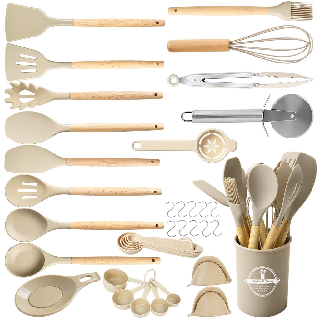 Heat-Resistant Silicone Cooking Utensils Set, Heat Resistant Kitchen Tools, 36 PCS Non-Stick Silicone Cooking Kitchen Utensils, Khaki - Premium Stainless Steel Cooking Utensil for Non-Stick Pots - Default Title