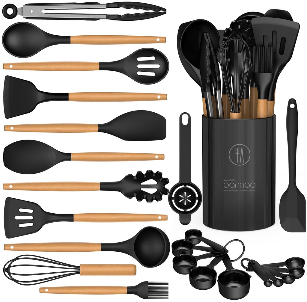 Chef-Quality Silicone Cooking Utensils Set - Silicone Kitchen Utensils for Cooking Wooden Handles, 446°F Heat Resistant Kitchen Ut... - Multi-Purpose Hand Tool for Daily Meal Prep - Default Title