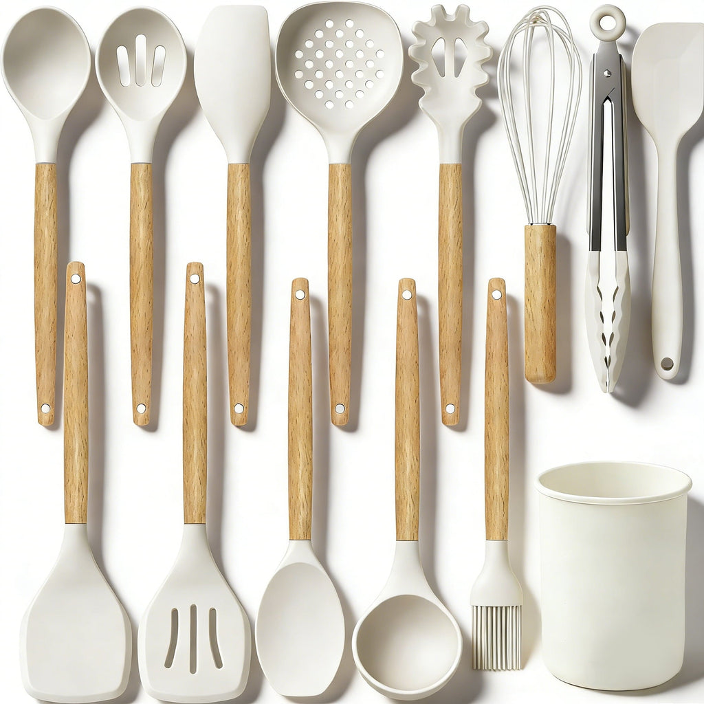 Seamless One-Piece 14-Piece Silicone Cooking Utensils Set, Non-Stick Kitchen Utensil Set for Baking, Flipping, Mixing, White - Premium Stainless Steel Cooking Utensil for Non-Stick Pots - Default Title